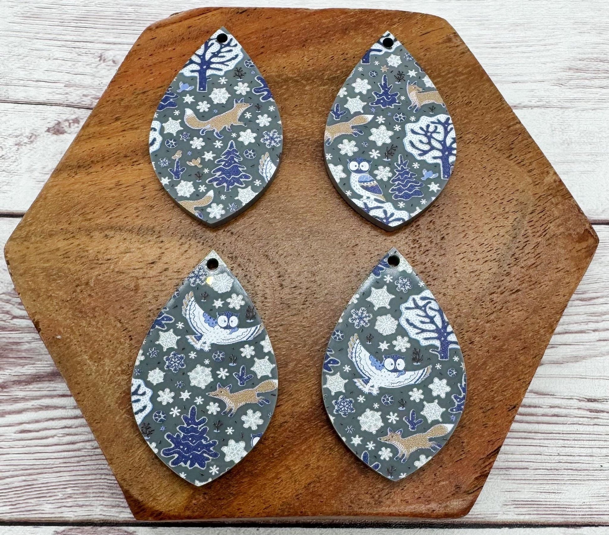 Winter Fox and Owl Grey Print Acrylic Teardrop Earring Blanks, Winter, Christmas, DIY Jewelry Making