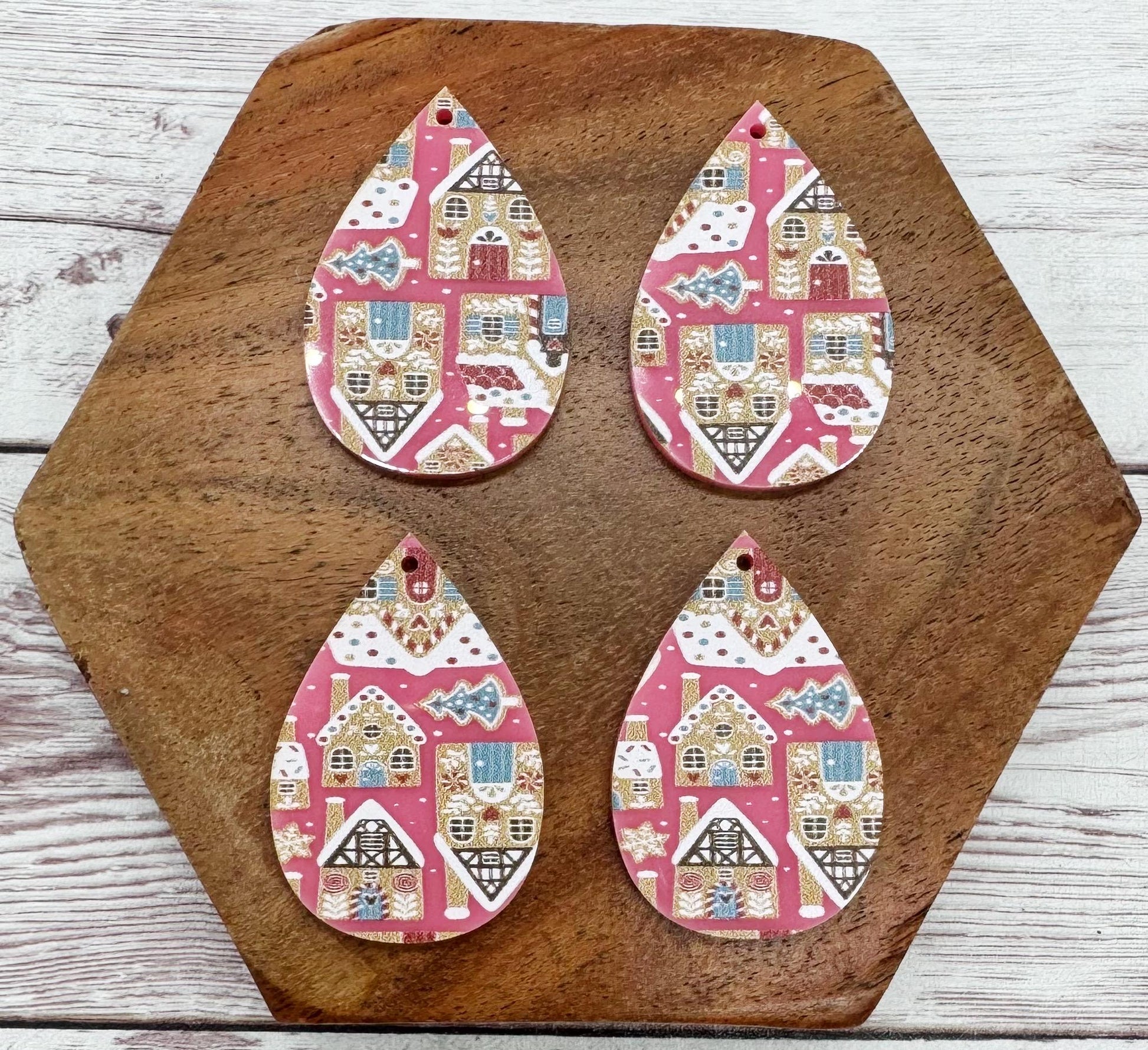 Patterned Pink Gingerbread House Print Winter Christmas Acrylic Teardrop Earring Blanks, DIY Jewelry Making
