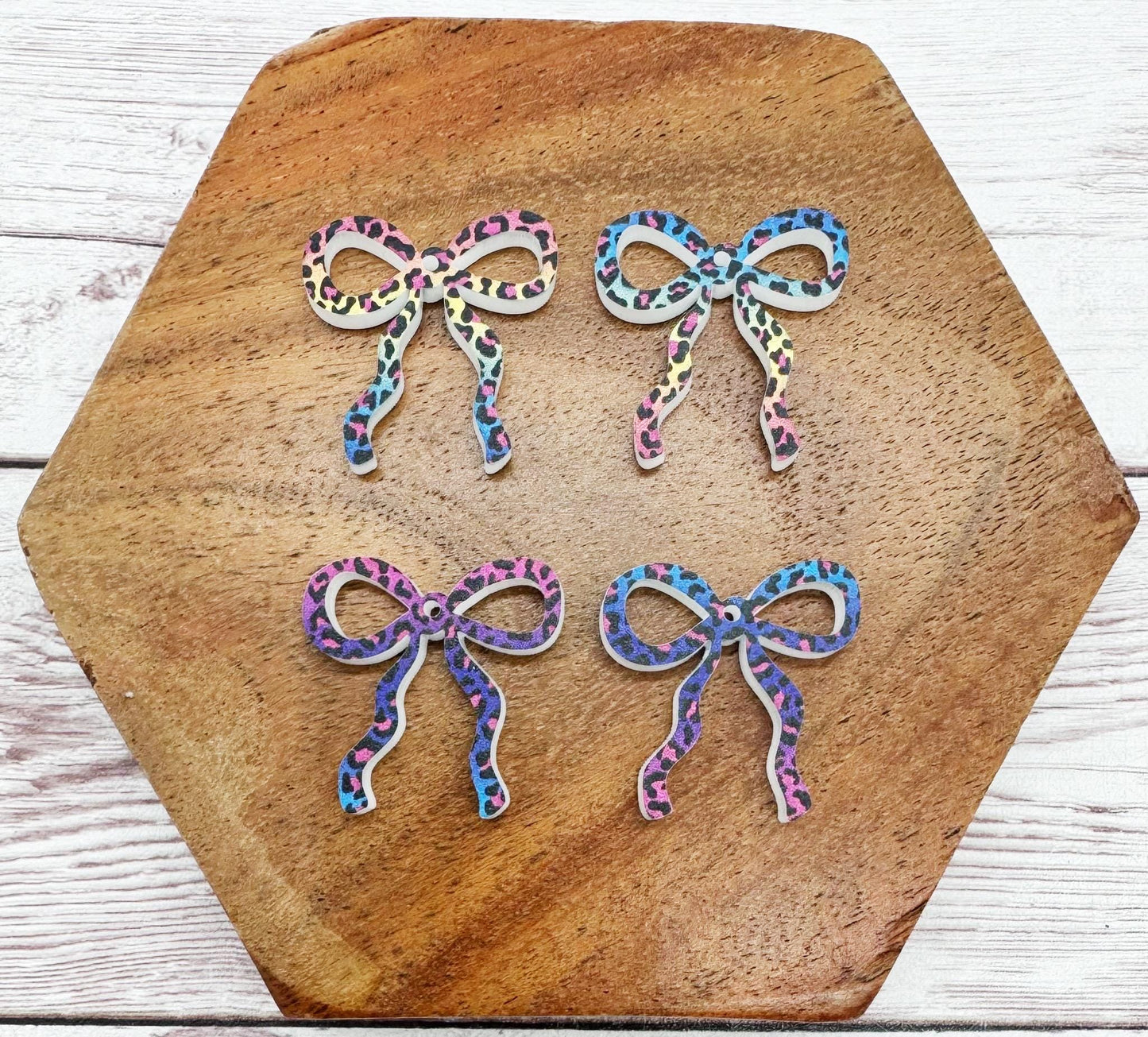 Set of 2 Pair Rainbow Leopard Print Acrylic Mini Croquet Bow Earring Blanks DIY Jewelry Making
