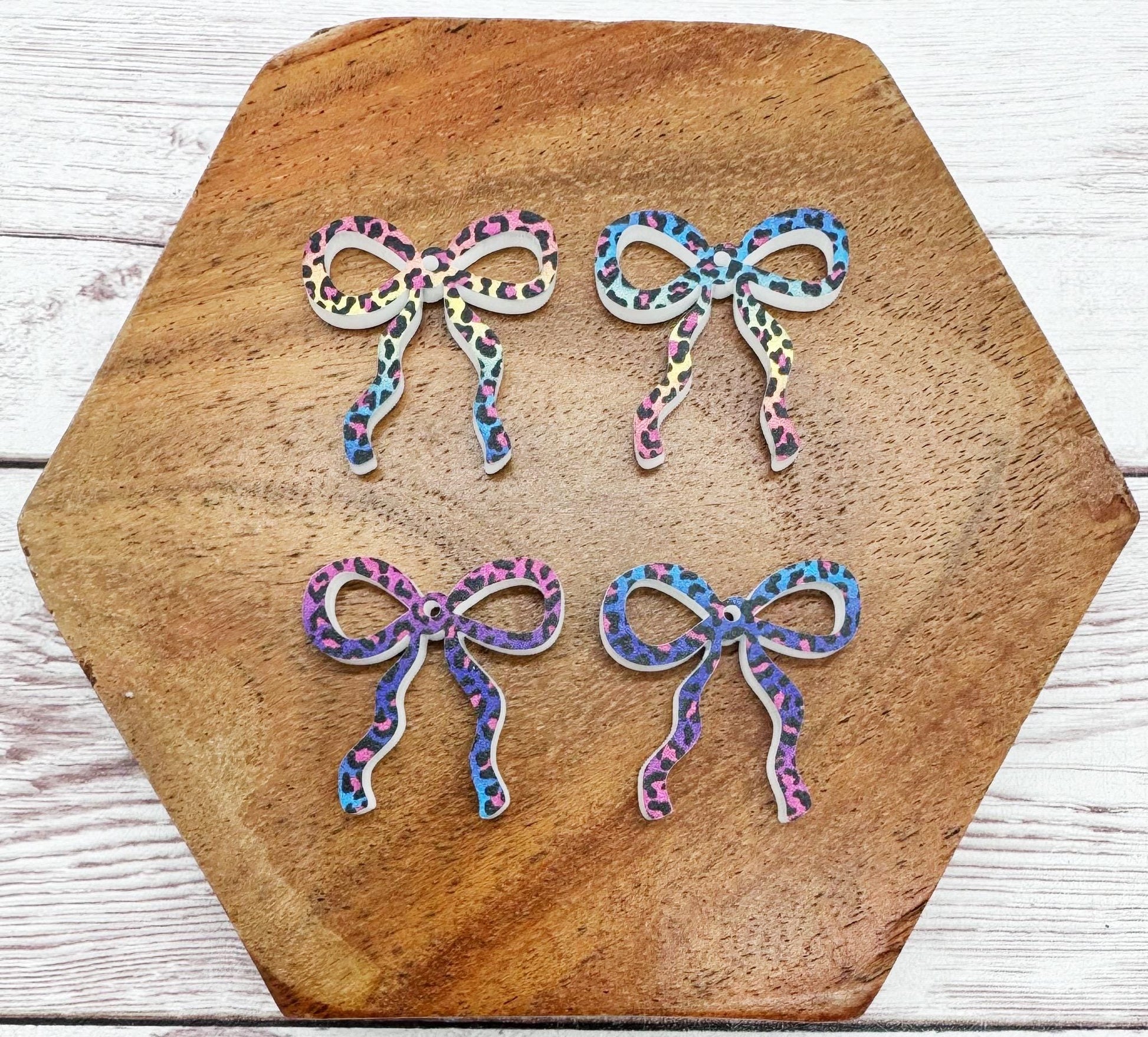 Set of 2 Pair Rainbow Leopard Print Acrylic Mini Croquet Bow Earring Blanks DIY Jewelry Making