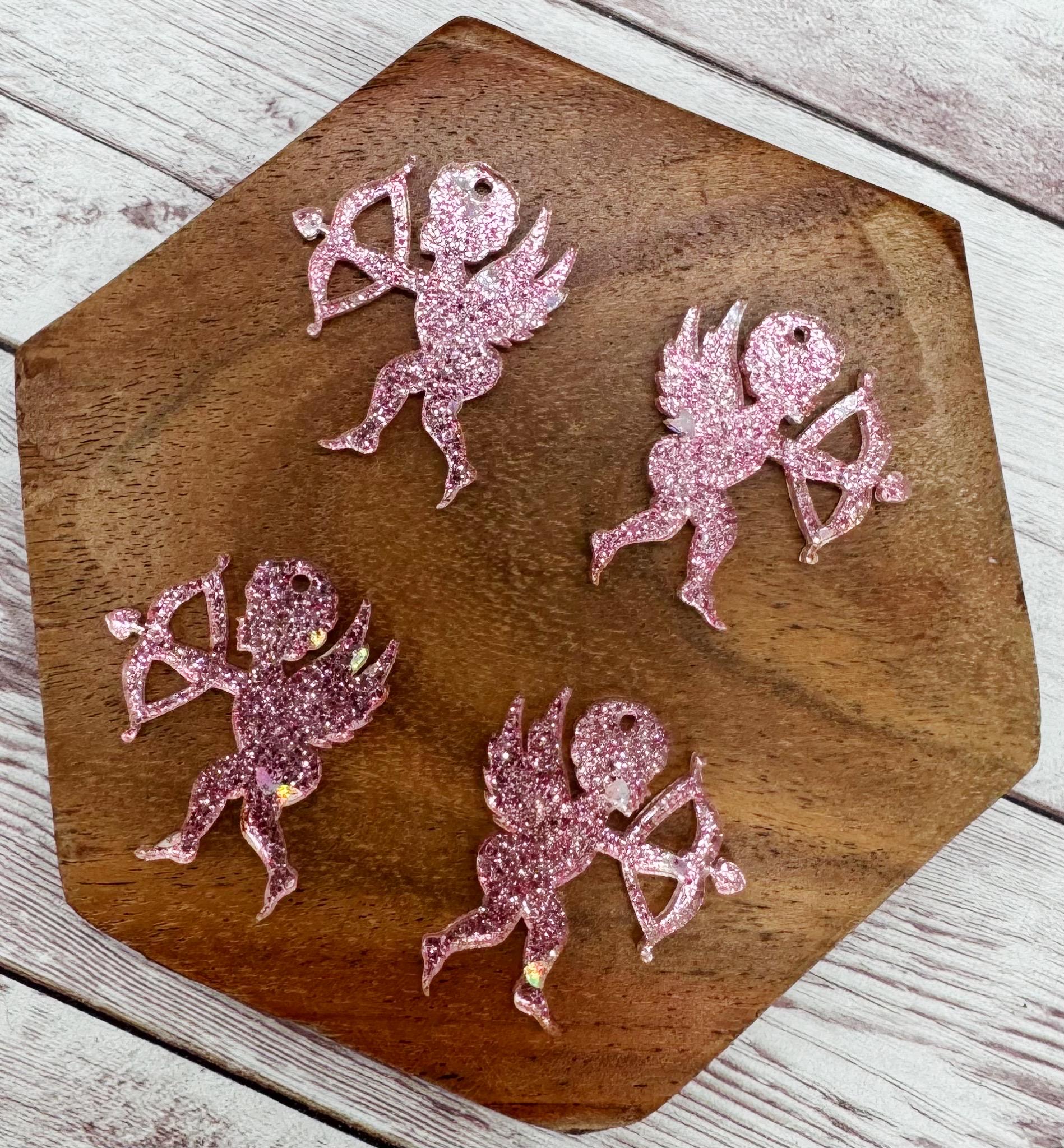 Pink Heart Glitter Cupid Valentine Acrylic Earring Blanks, DIY Jewelry Making