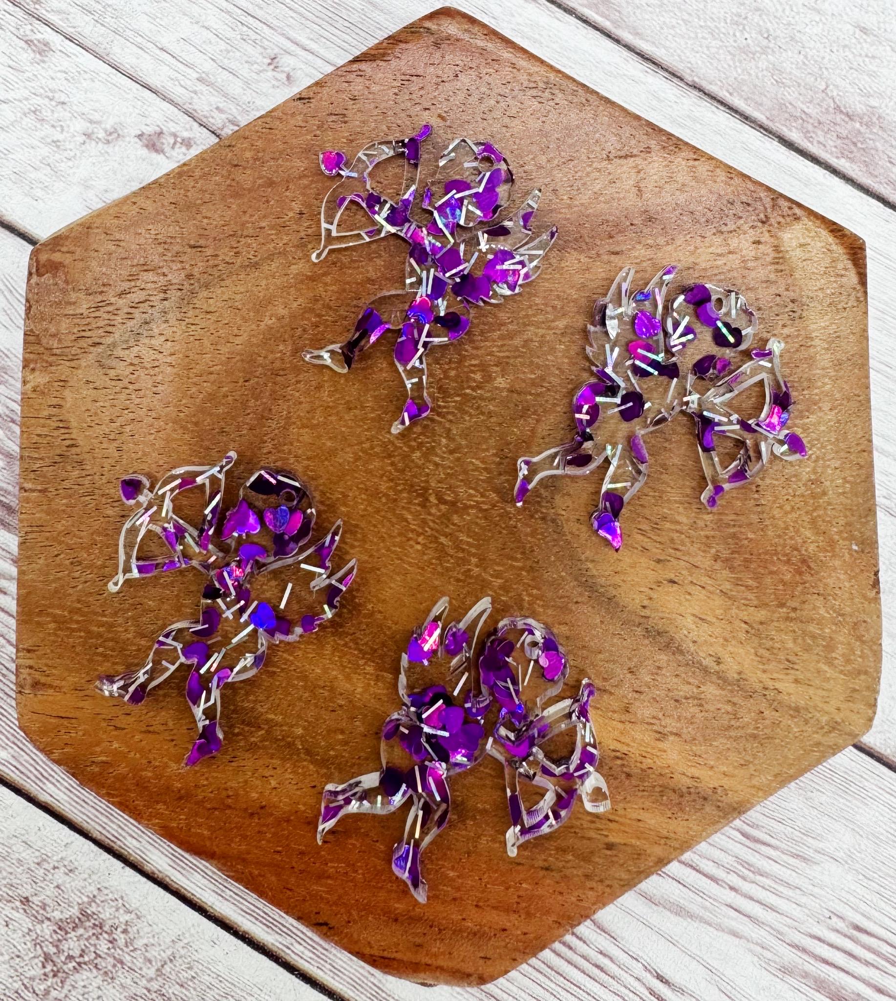Purple Heart Glitter Cupid Valentine Acrylic Earring Blanks, DIY Jewelry Making