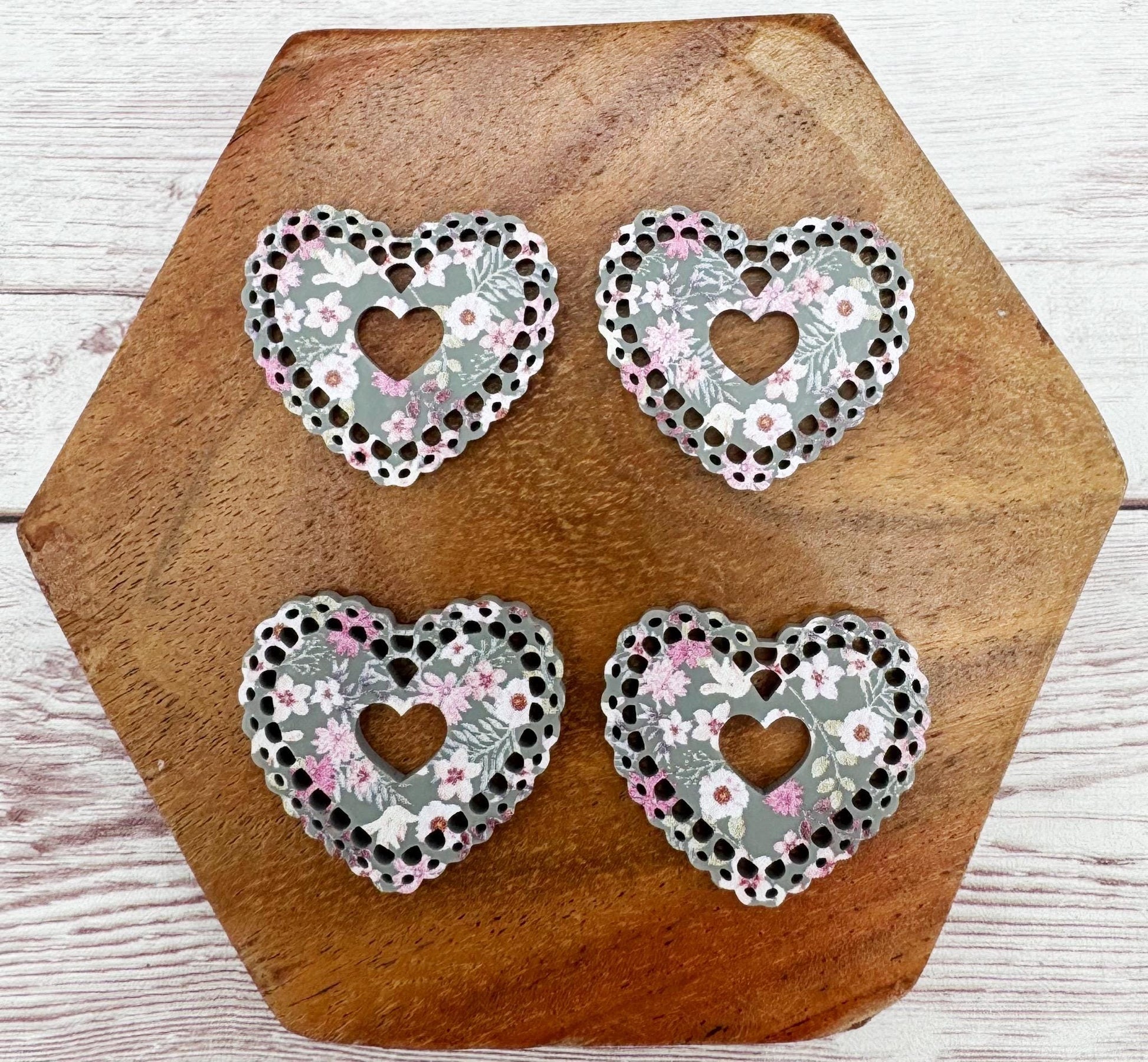 Grey Dusty Floral Intricate Doily Heart Valentine Acrylic Earring Blanks, DIY Jewelry Making
