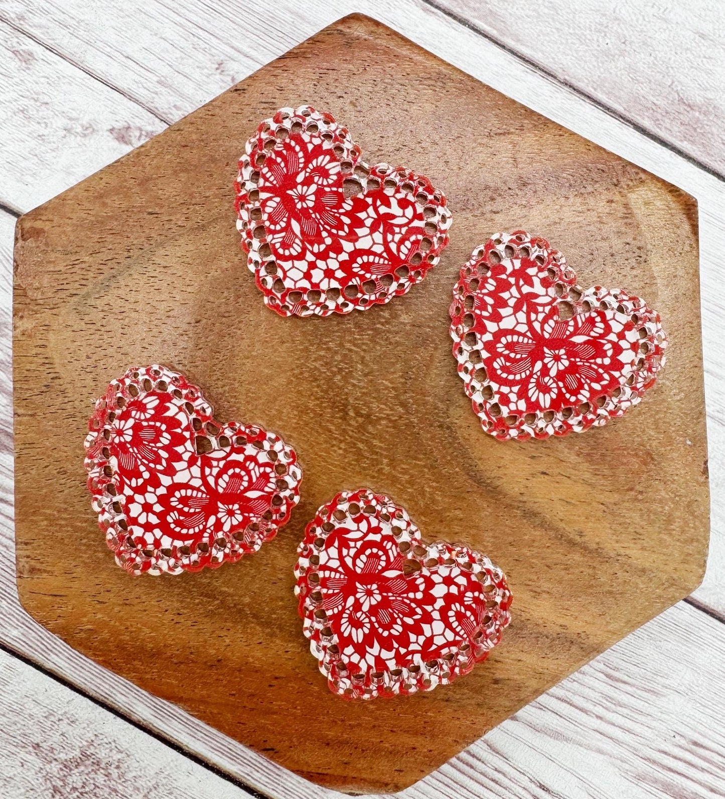 Red Lace Print Intricate Doily Heart Valentine Acrylic Earring Blanks, DIY Jewelry Making