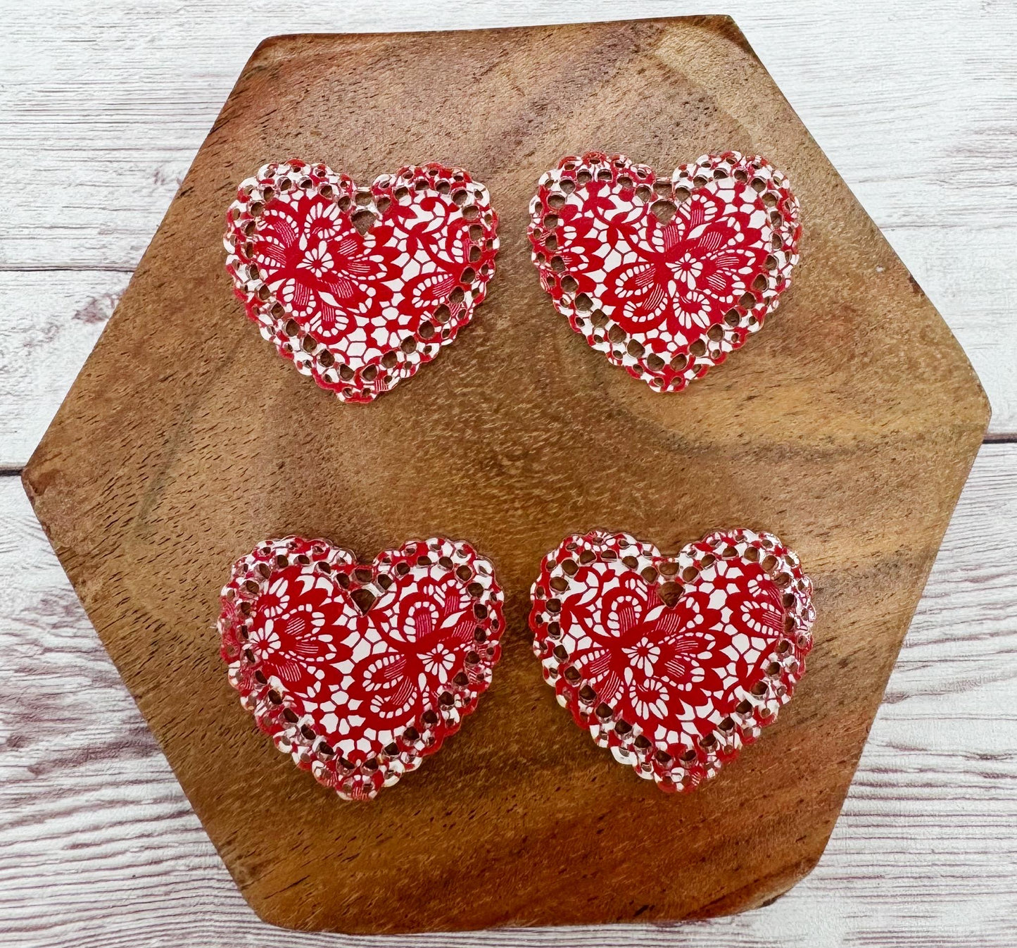 Red Lace Print Intricate Doily Heart Valentine Acrylic Earring Blanks, DIY Jewelry Making