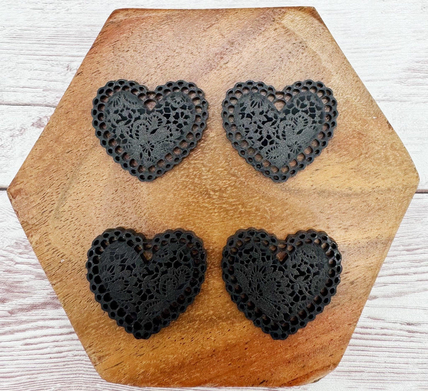 Black Lace Print Intricate Doily Heart Valentine Acrylic Earring Blanks, DIY Jewelry Making