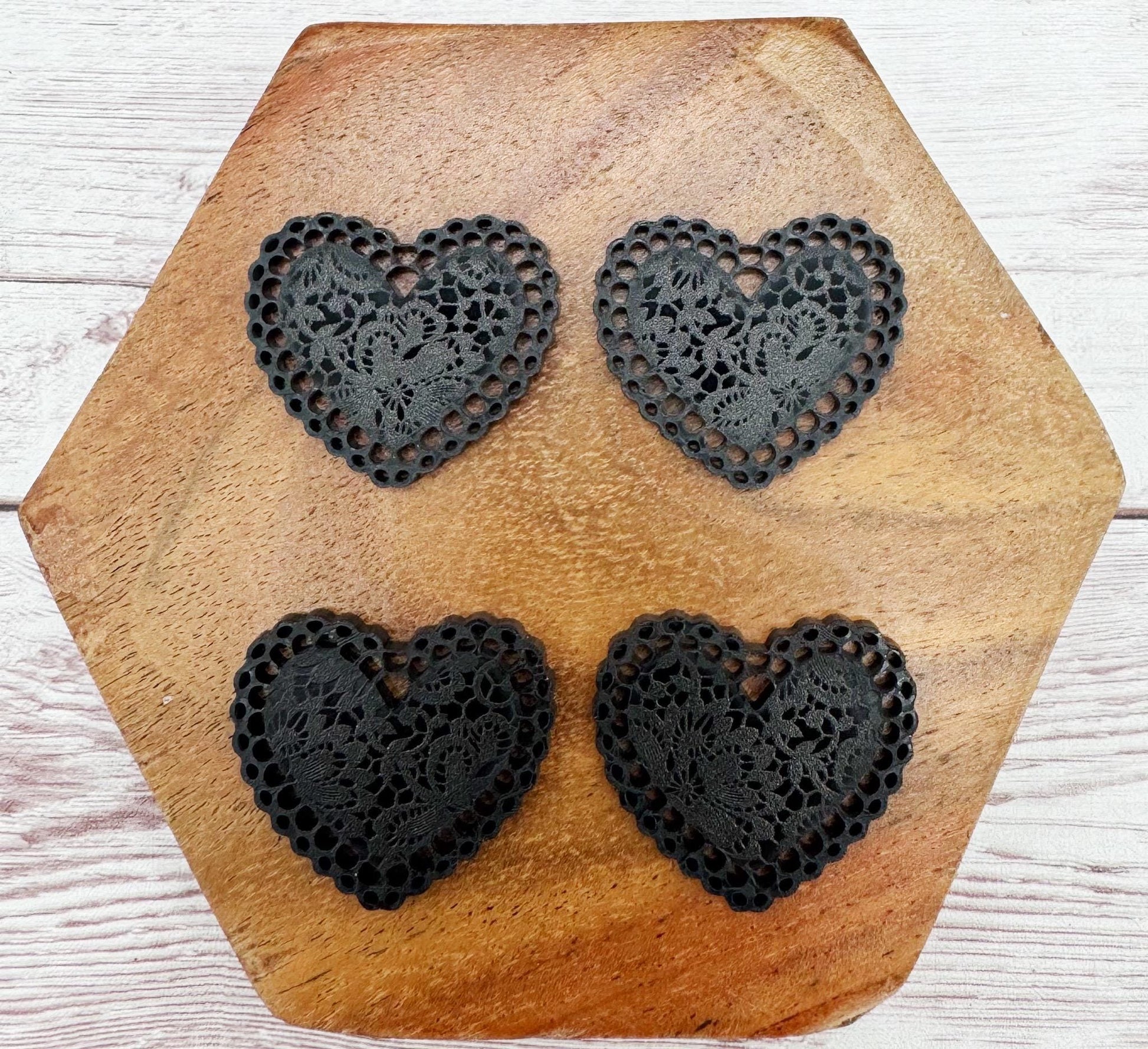 Black Lace Print Intricate Doily Heart Valentine Acrylic Earring Blanks, DIY Jewelry Making