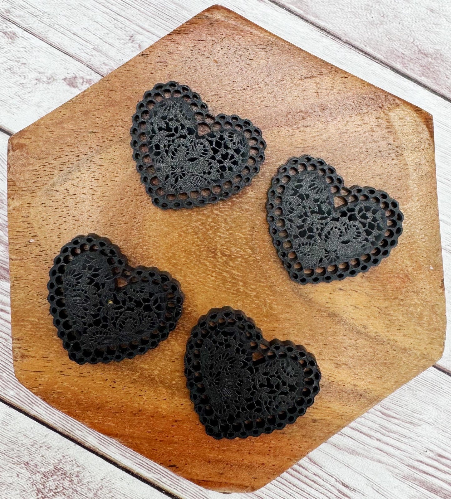Black Lace Print Intricate Doily Heart Valentine Acrylic Earring Blanks, DIY Jewelry Making