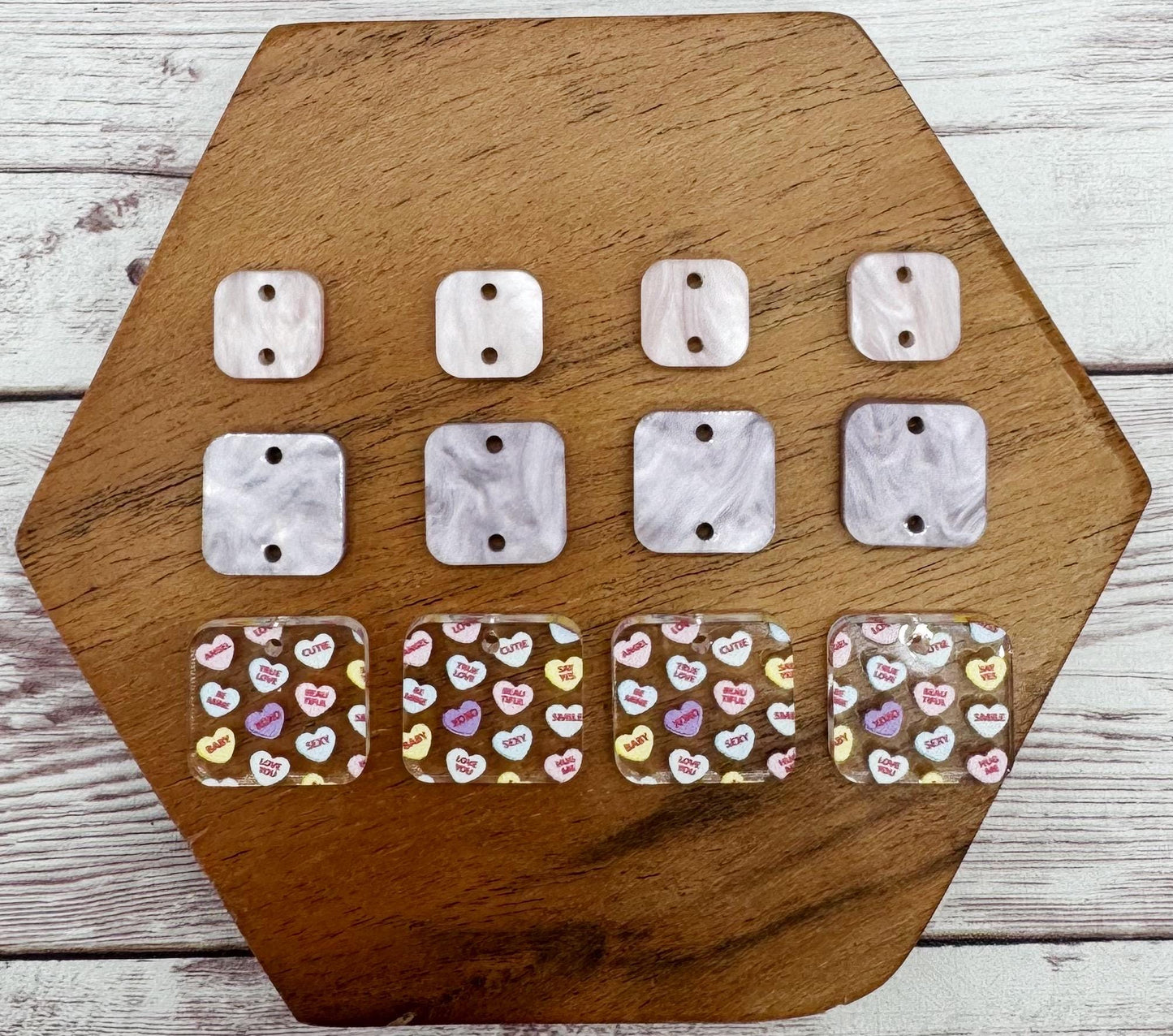 Conversation Heart Print Acrylic Valentine Square Trio Set Earring Blanks, DIY Jewelry Making