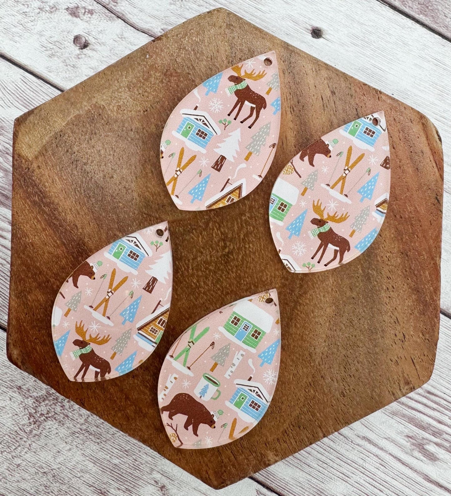 Woodland Christmas Print Acrylic Teardrop Earring Blanks, DIY Jewelry Making