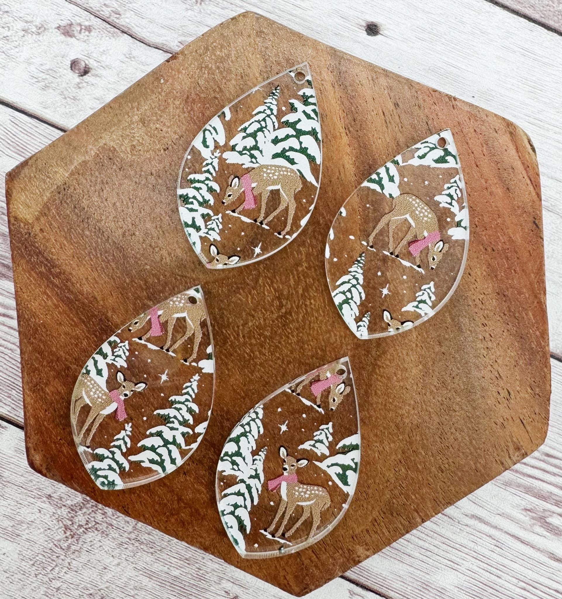 Fawn and Winter Tree Print Acrylic Teardrop Earring Blanks, DIY Jewelry Making