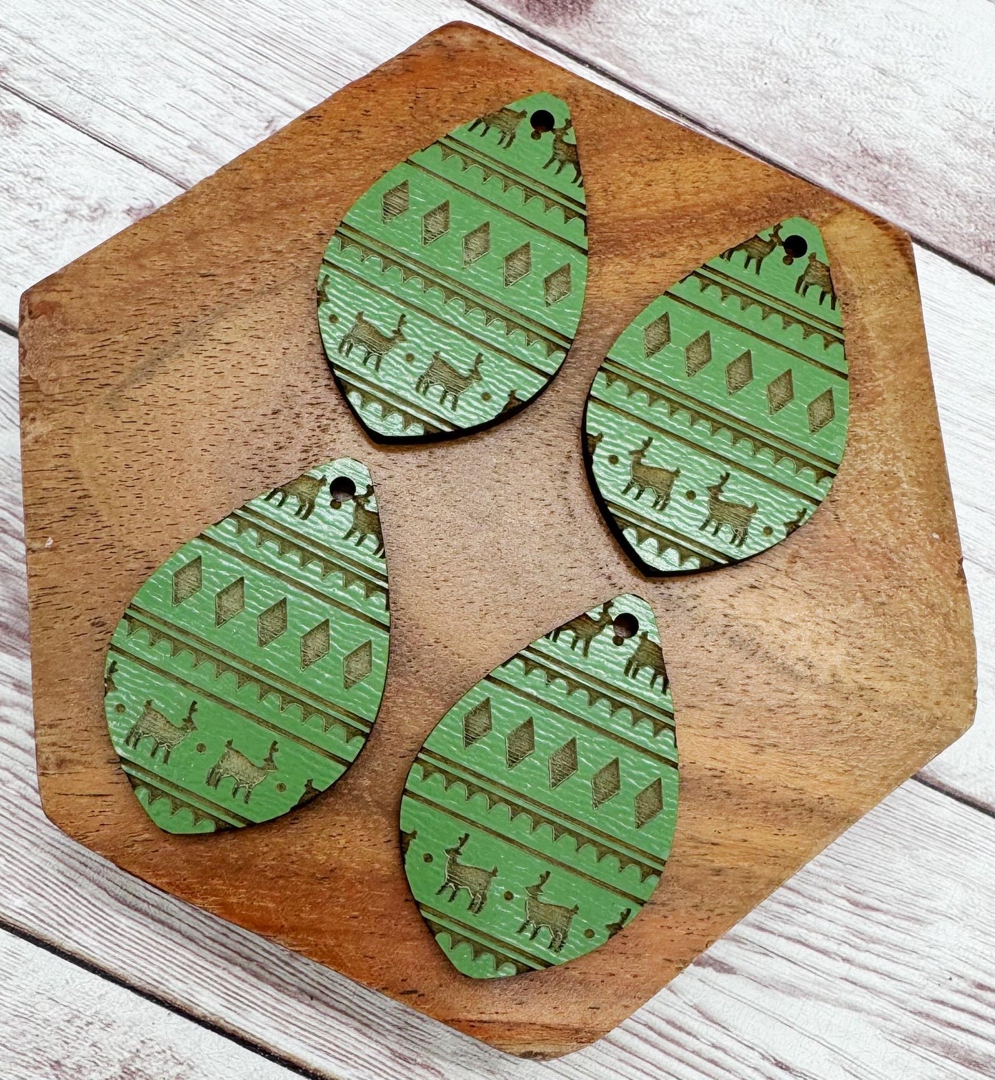 Olive Green Engraved Wood Deer Sweater Print Winter Earring Blanks, DIY Jewelry Making