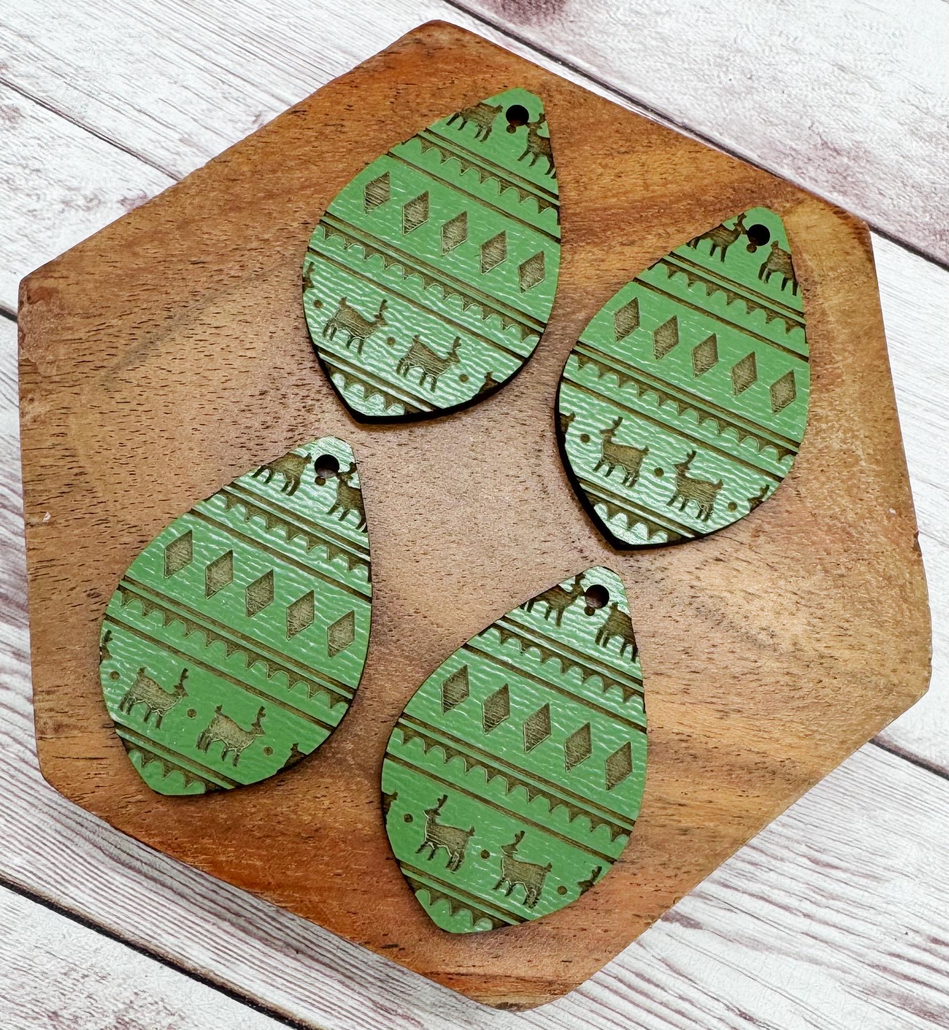 Olive Green Engraved Wood Deer Sweater Print Winter Earring Blanks, DIY Jewelry Making