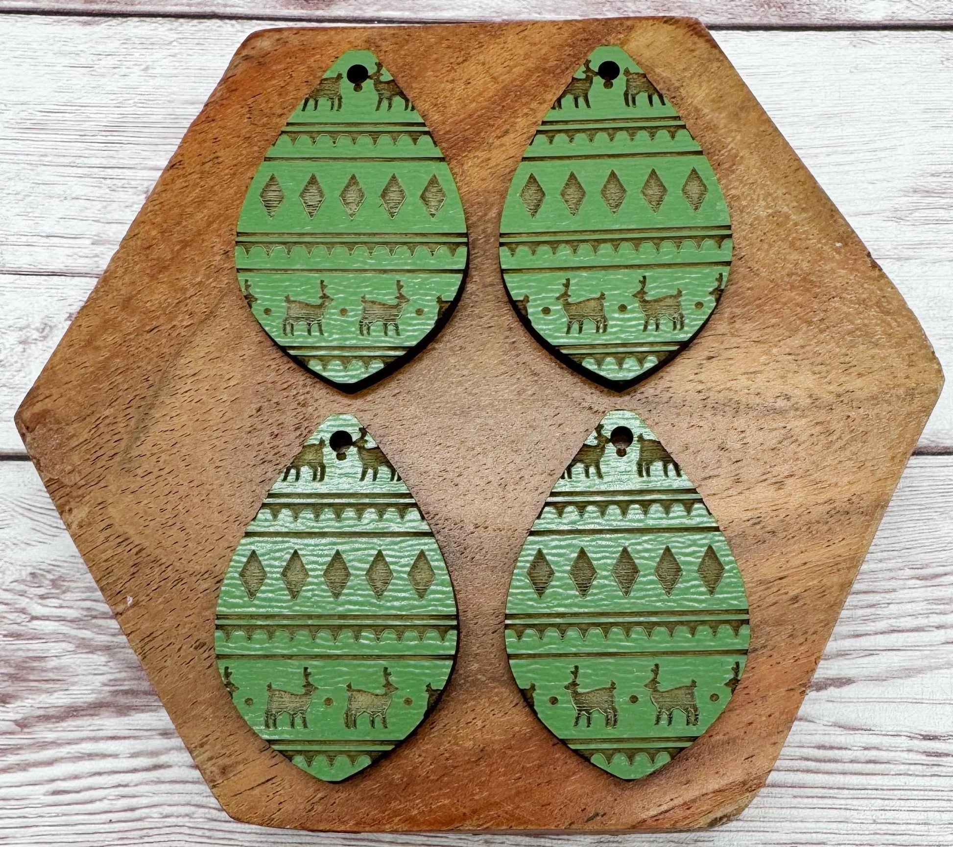 Olive Green Engraved Wood Deer Sweater Print Winter Earring Blanks, DIY Jewelry Making
