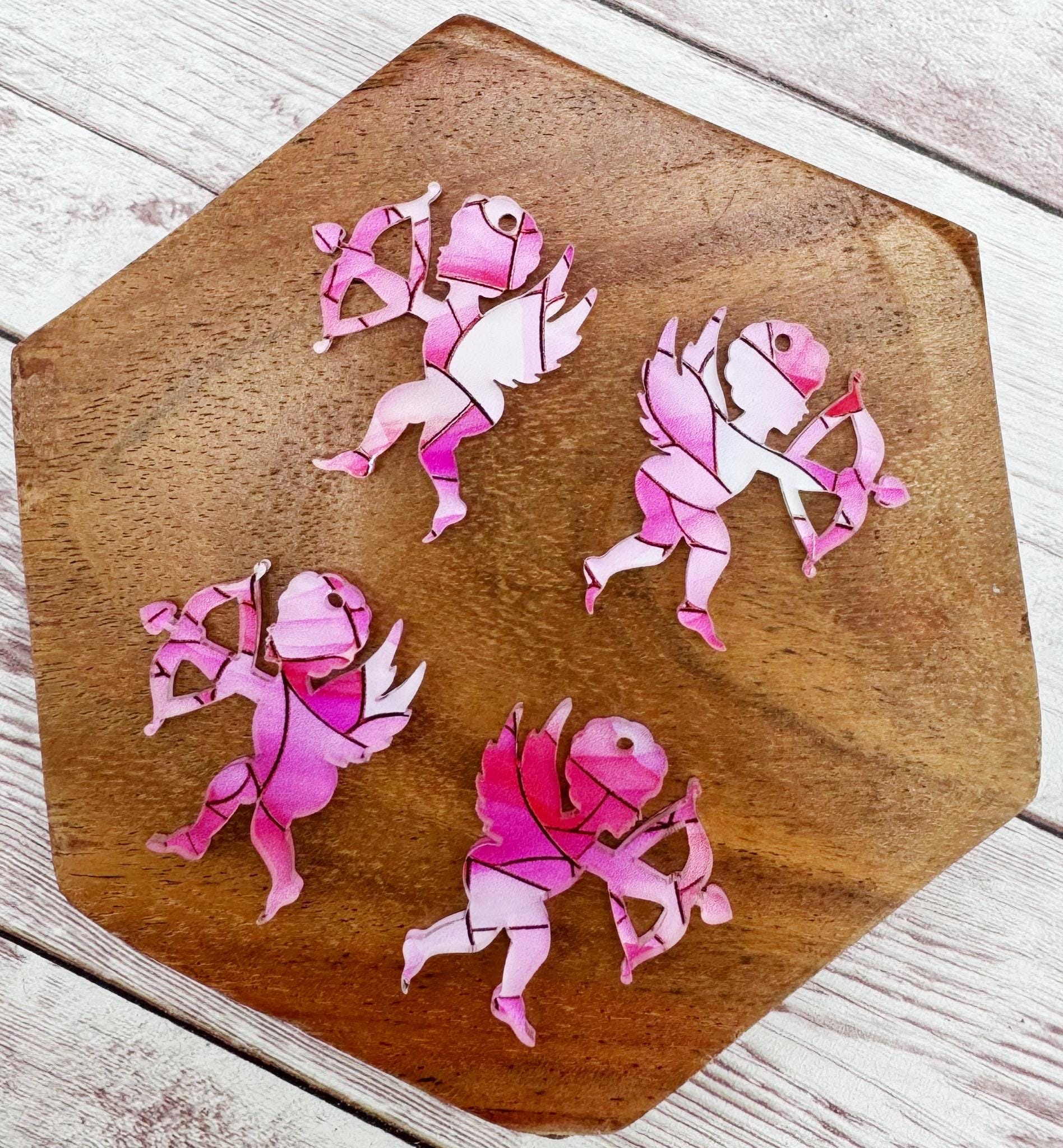 Pink Stained Glass Print Cupid Valentine Acrylic Earring Blanks, DIY Jewelry Making