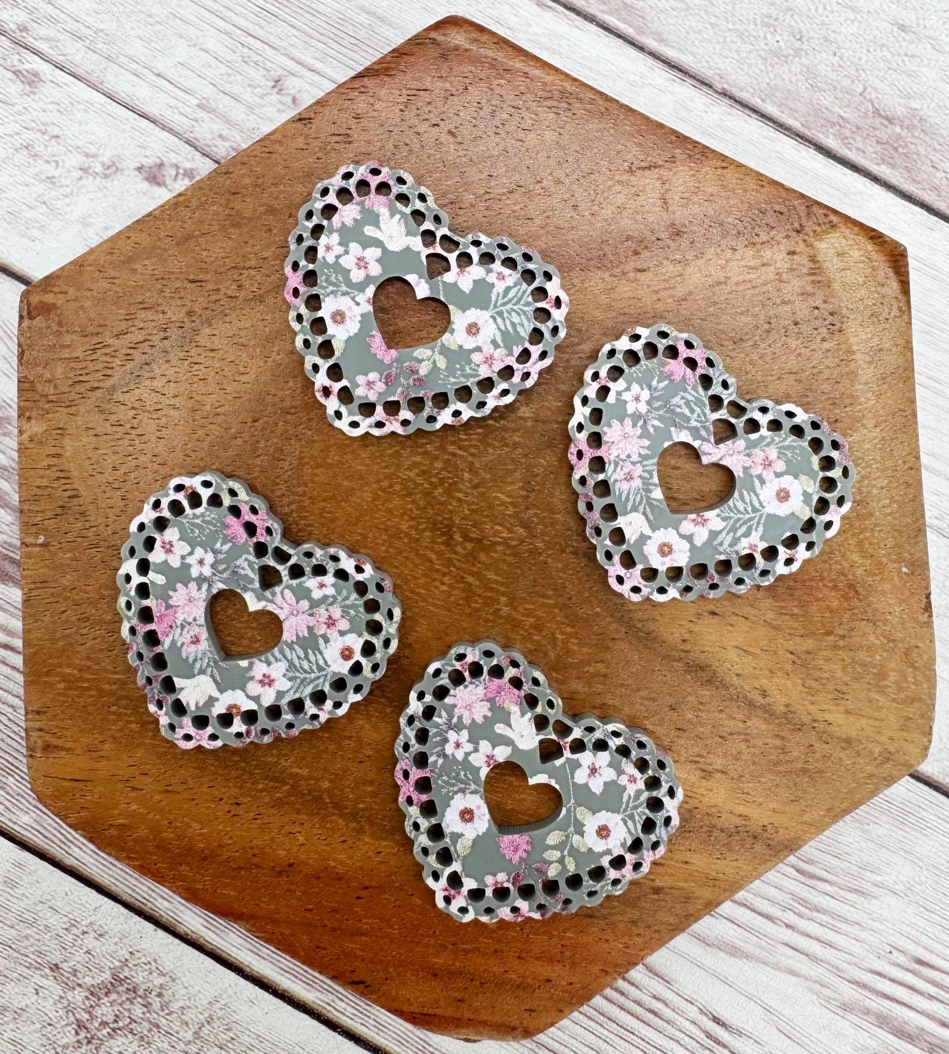 Grey Dusty Floral Intricate Doily Heart Valentine Acrylic Earring Blanks, DIY Jewelry Making