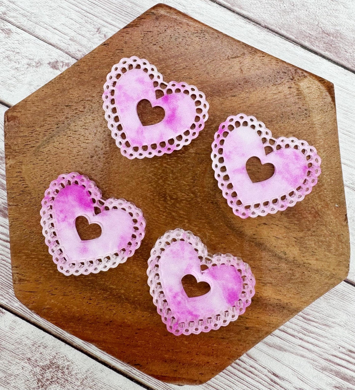 Pink Sponge Print Intricate Doily Heart Valentine Acrylic Earring Blanks, DIY Jewelry Making