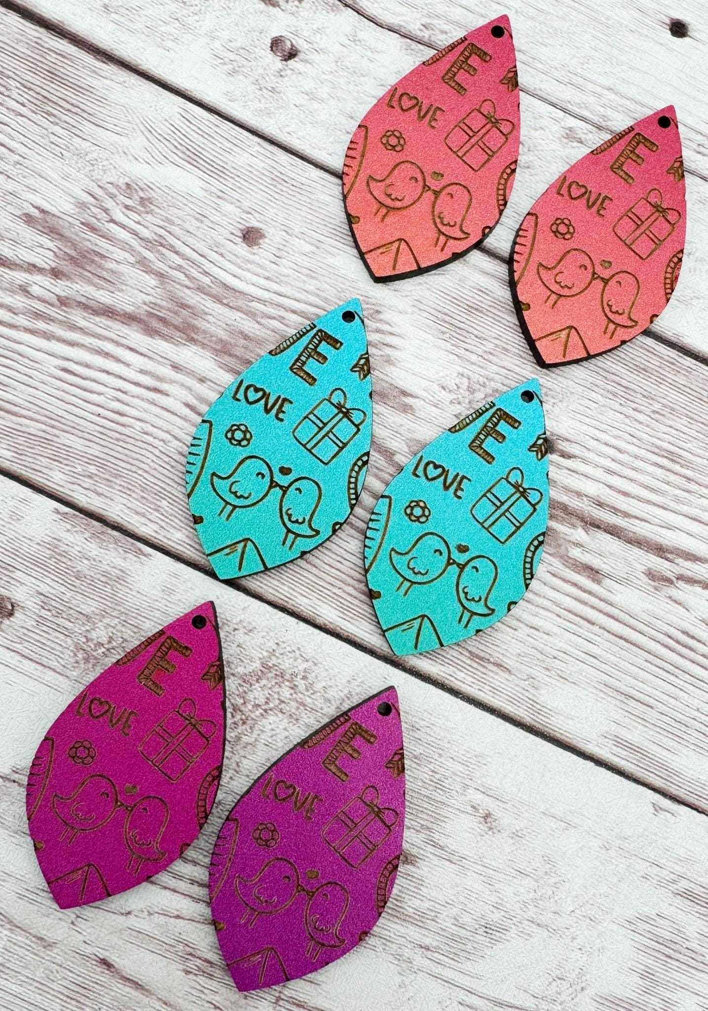 Ombré Valentine Doodle Engraved Wood Earring Blanks, DIY Jewelry Making