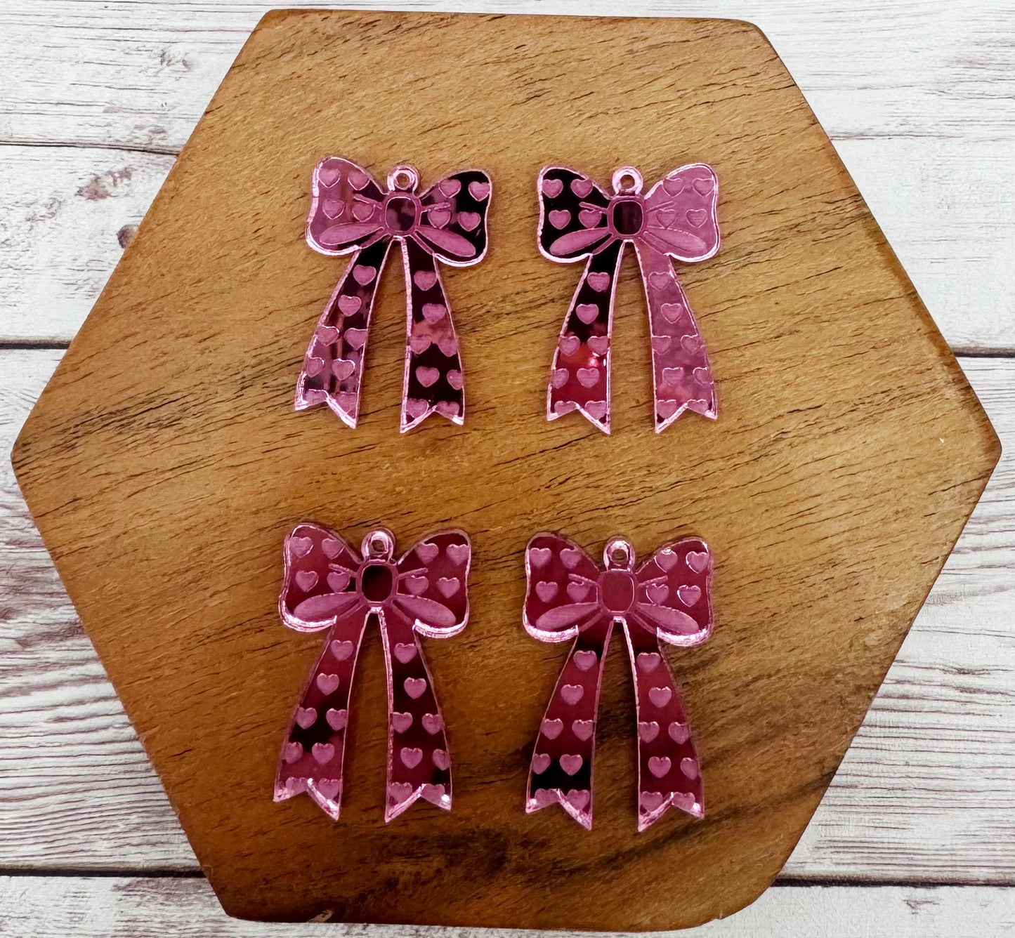 Pink Mirrored Engraved Heart Bow Valentine Acrylic Earring Blanks, DIY Jewelry Making