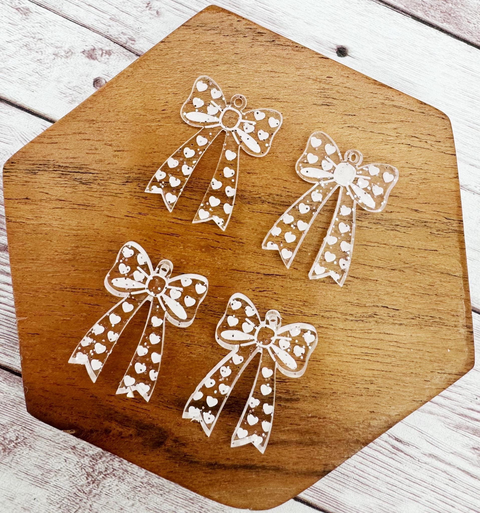 Clear Glitter Engraved Heart Bow Valentine Acrylic Earring Blanks, DIY Jewelry Making