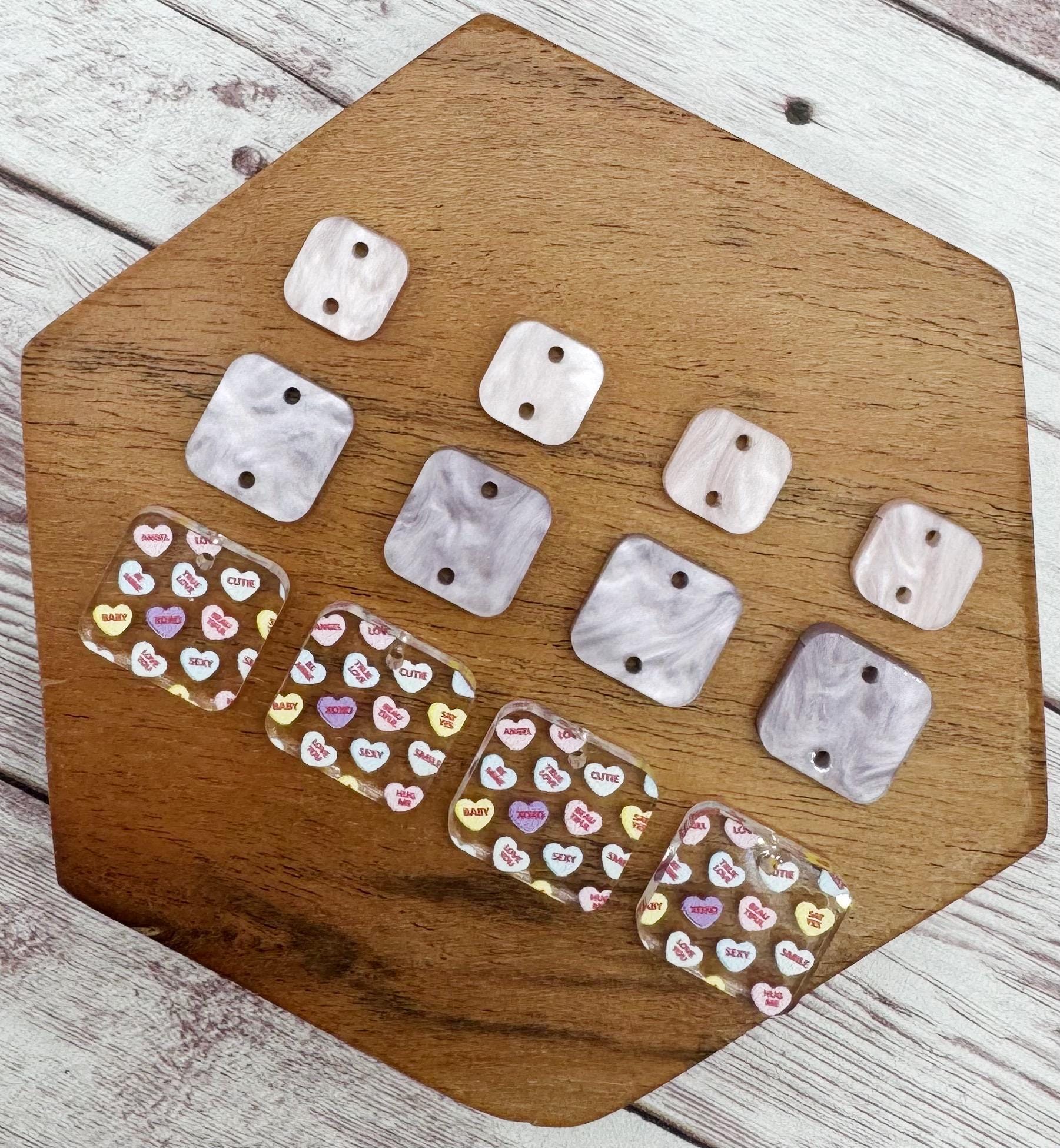 Conversation Heart Print Acrylic Valentine Square Trio Set Earring Blanks, DIY Jewelry Making