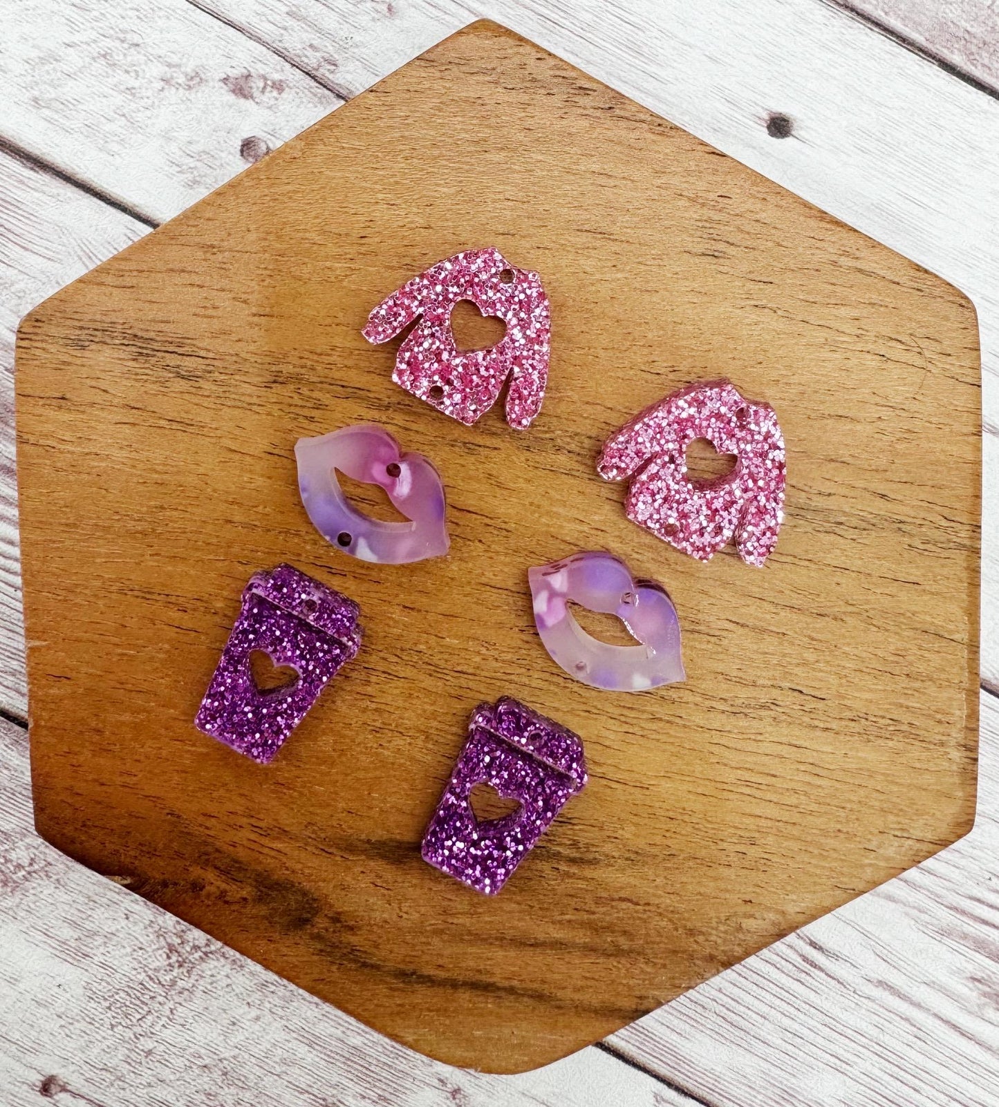 Sweater, Lips, and Coffee Pink and Purple Valentine Trio Acrylic Earring Blanks, DIY Jewelry Making