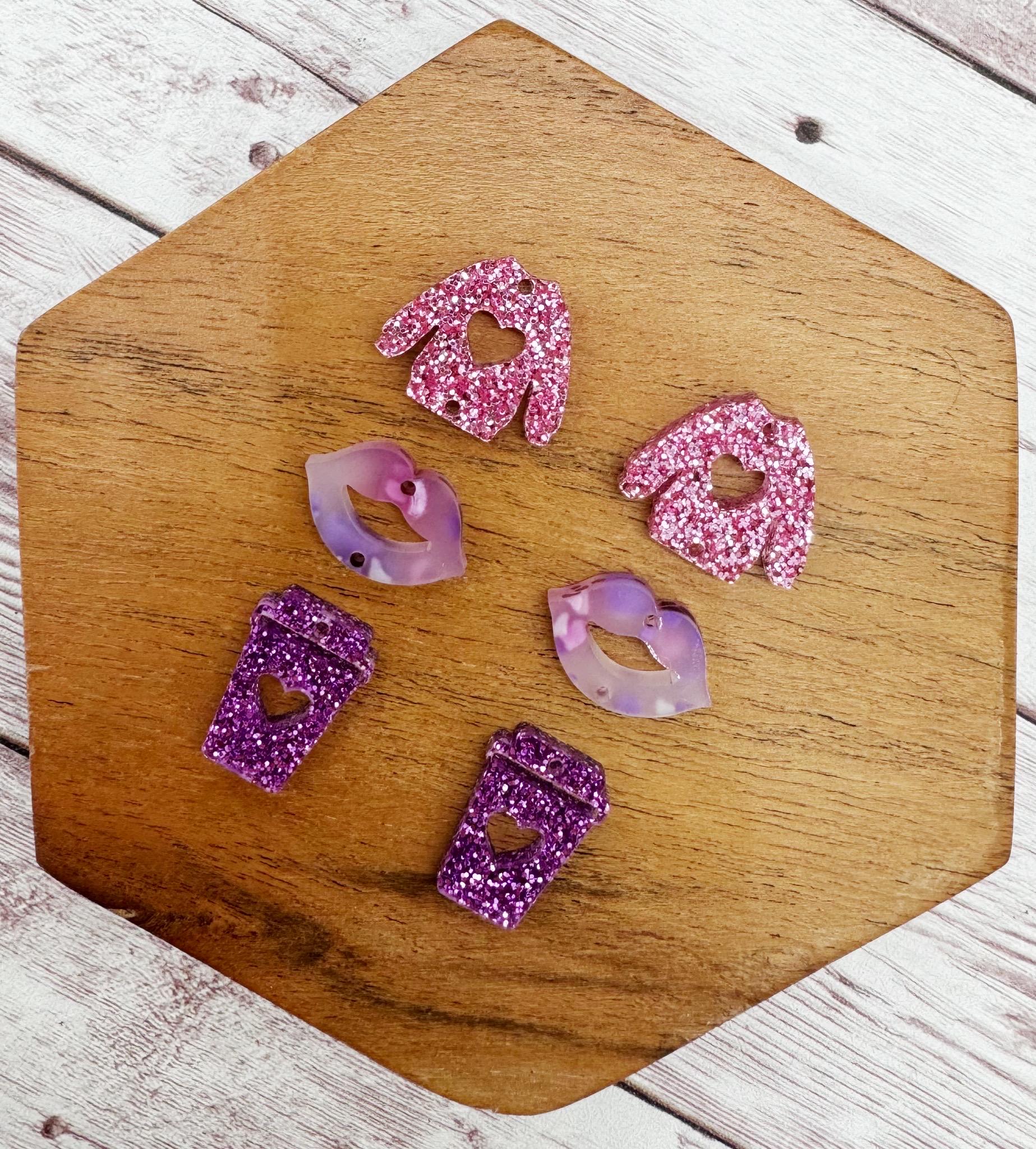 Sweater, Lips, and Coffee Pink and Purple Valentine Trio Acrylic Earring Blanks, DIY Jewelry Making