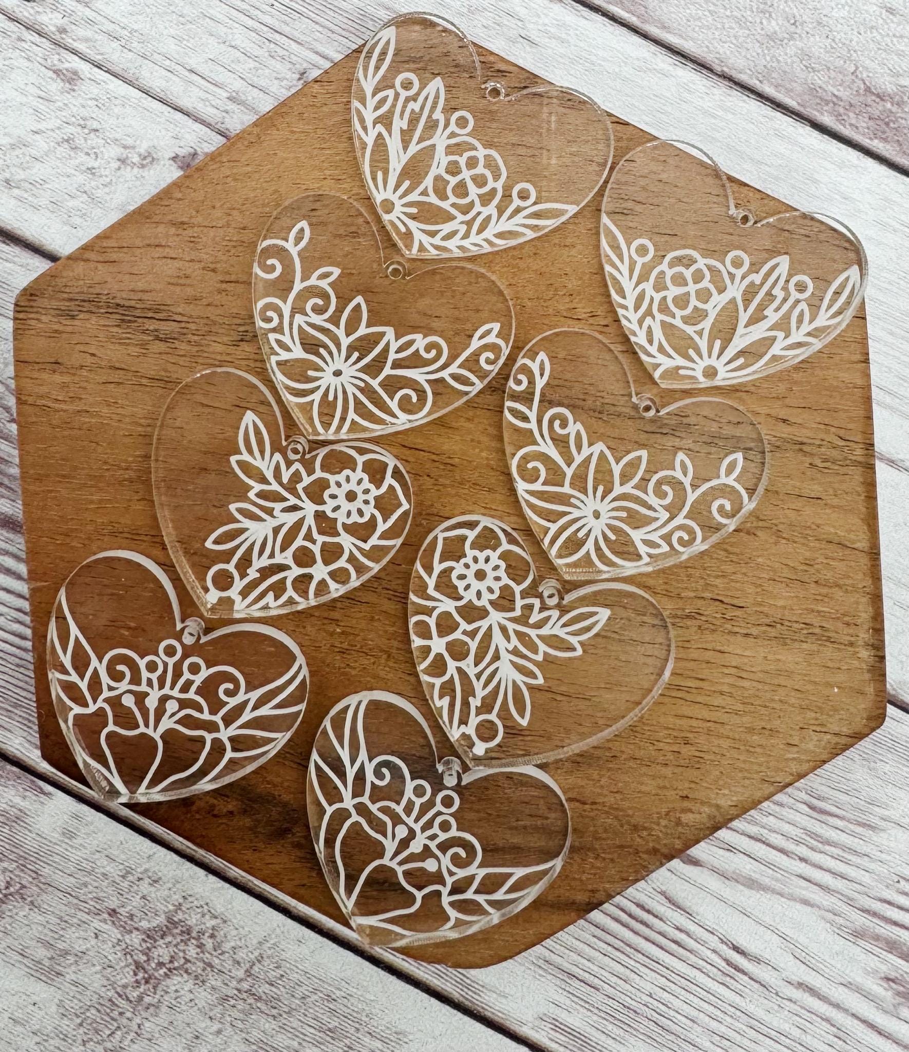 Engraved Floral Heart Valentine Acrylic Earring Blanks Set of 4 Pair, Set #1, DIY Jewelry Making