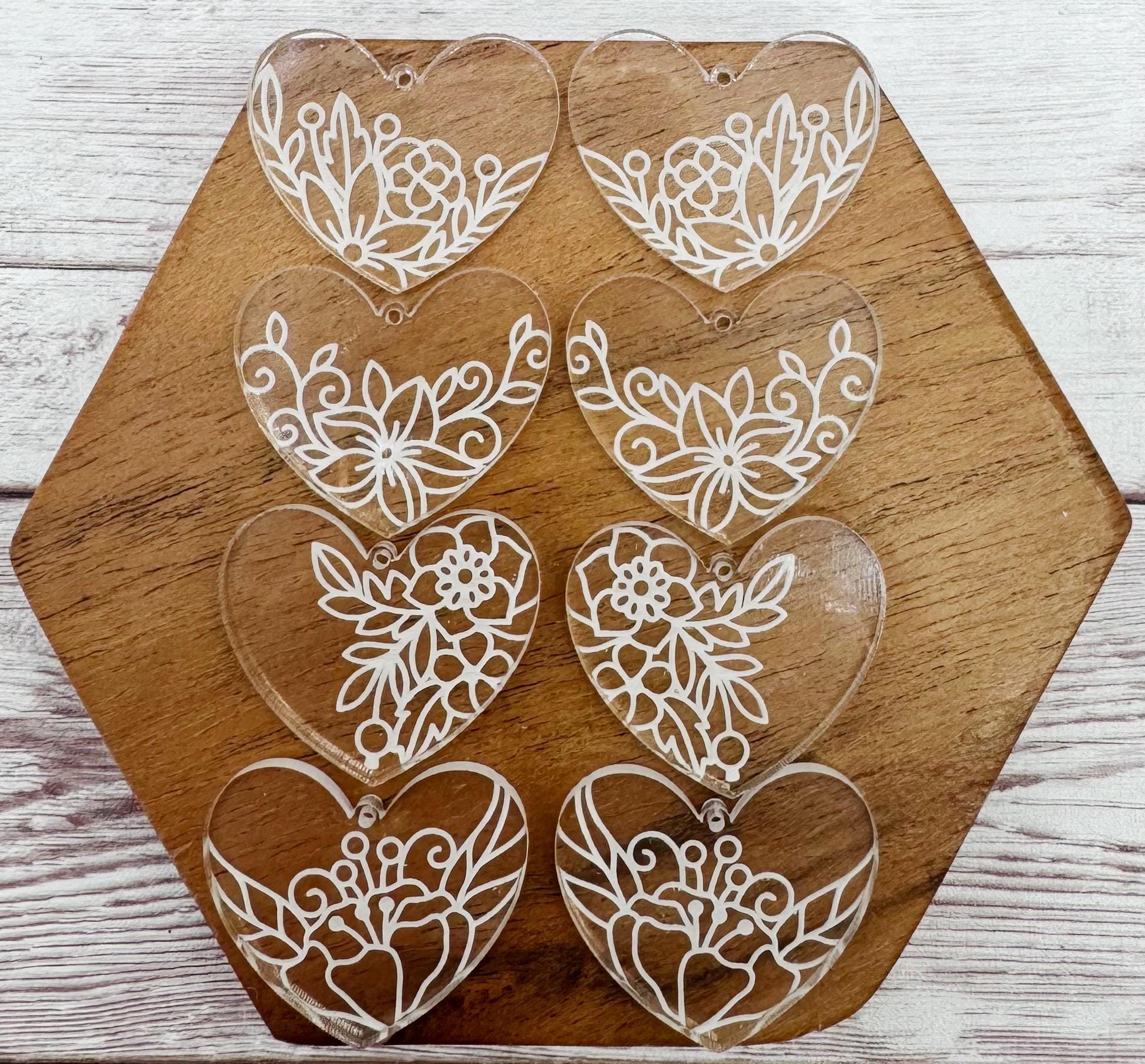 Engraved Floral Heart Valentine Acrylic Earring Blanks Set of 4 Pair, Set #1, DIY Jewelry Making