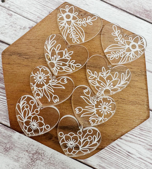 Engraved Floral Heart Valentine Acrylic Earring Blanks Set of 4 Pair, Set #2, DIY Jewelry Making