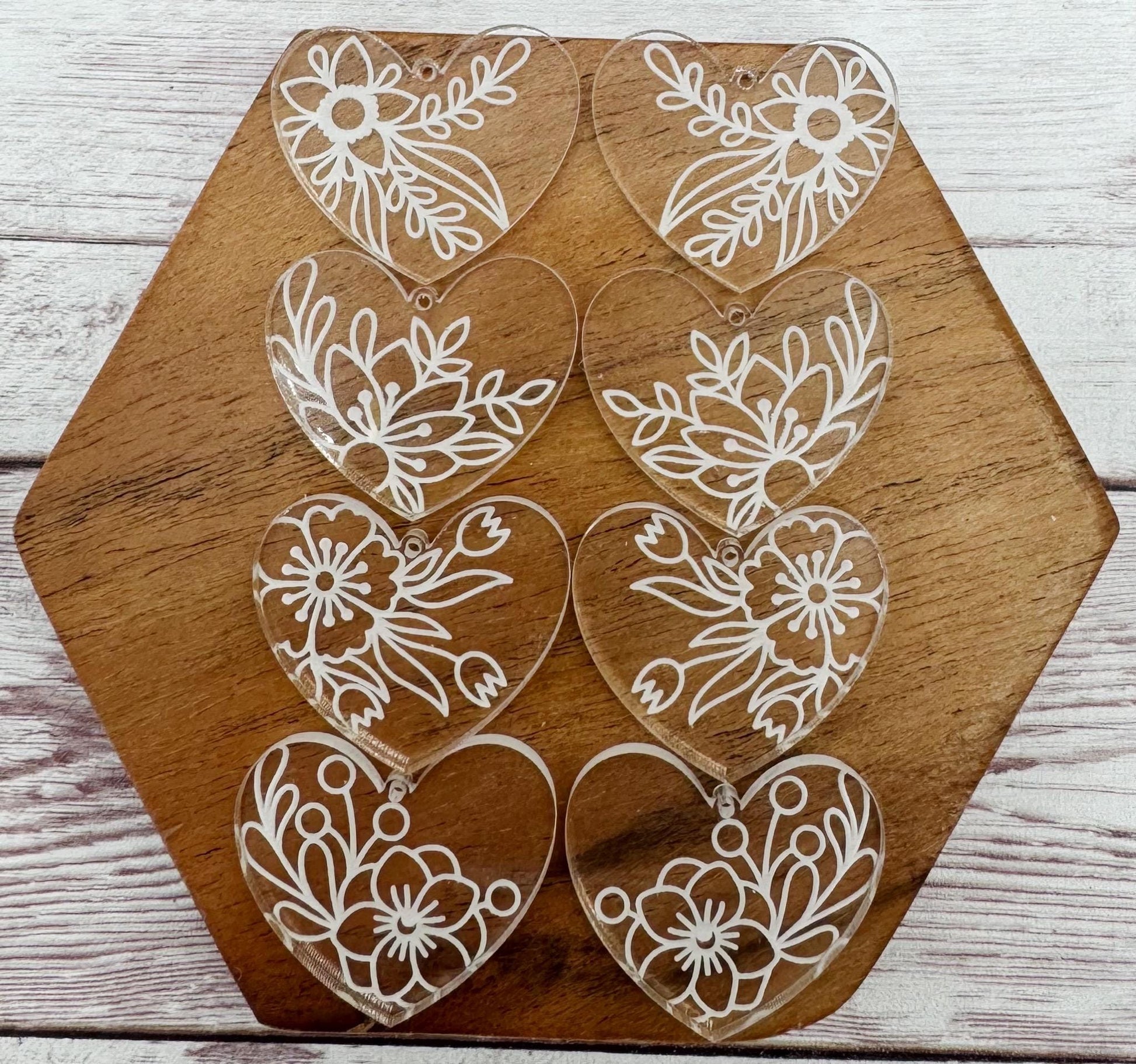 Engraved Floral Heart Valentine Acrylic Earring Blanks Set of 4 Pair, Set #2, DIY Jewelry Making