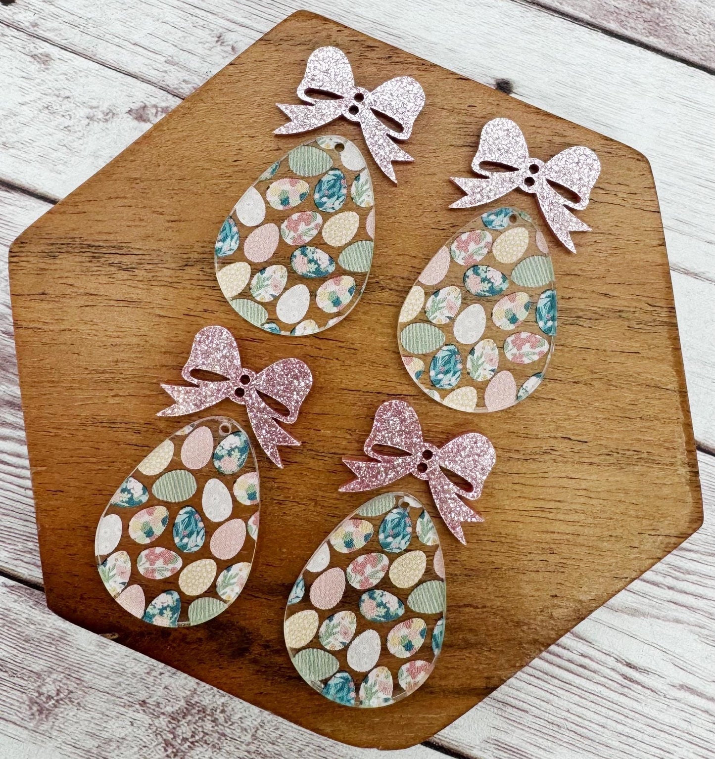 Easter Egg Print Egg With Pink Shimmer Bow Connector Easter Earring Blanks, DIY Jewelry Making