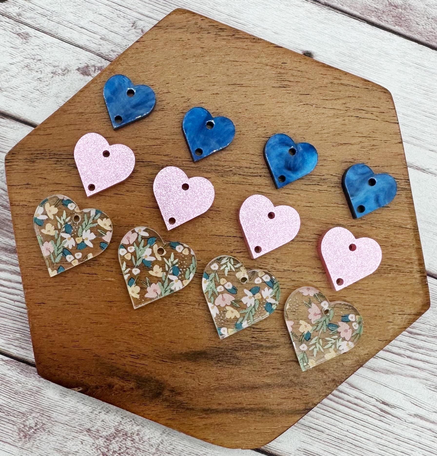 Floral Print, Shimmer, and Marbled Stacked Heart Trio Acrylic Valentine Earring Blanks, DIY Jewelry Making