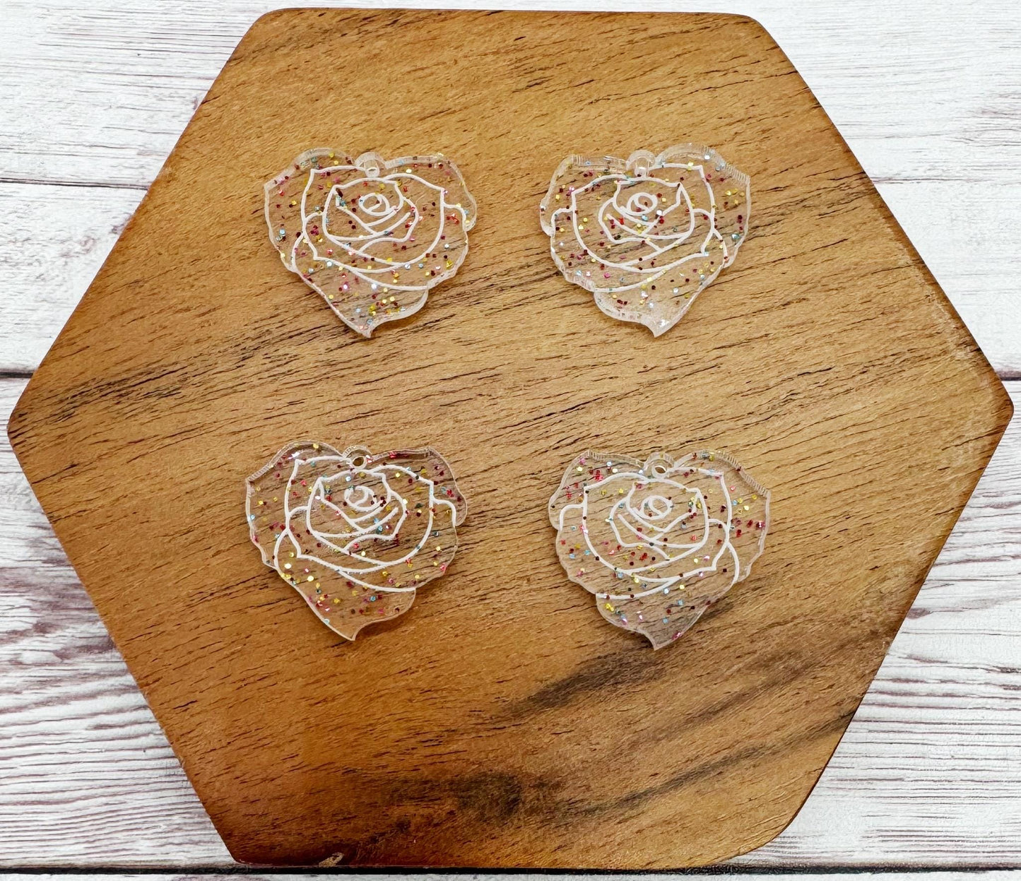 Set of 2 Pair Clear Glitter Engraved Rose Heart Acrylic Valentine Earring Blanks DIY Jewelry Making