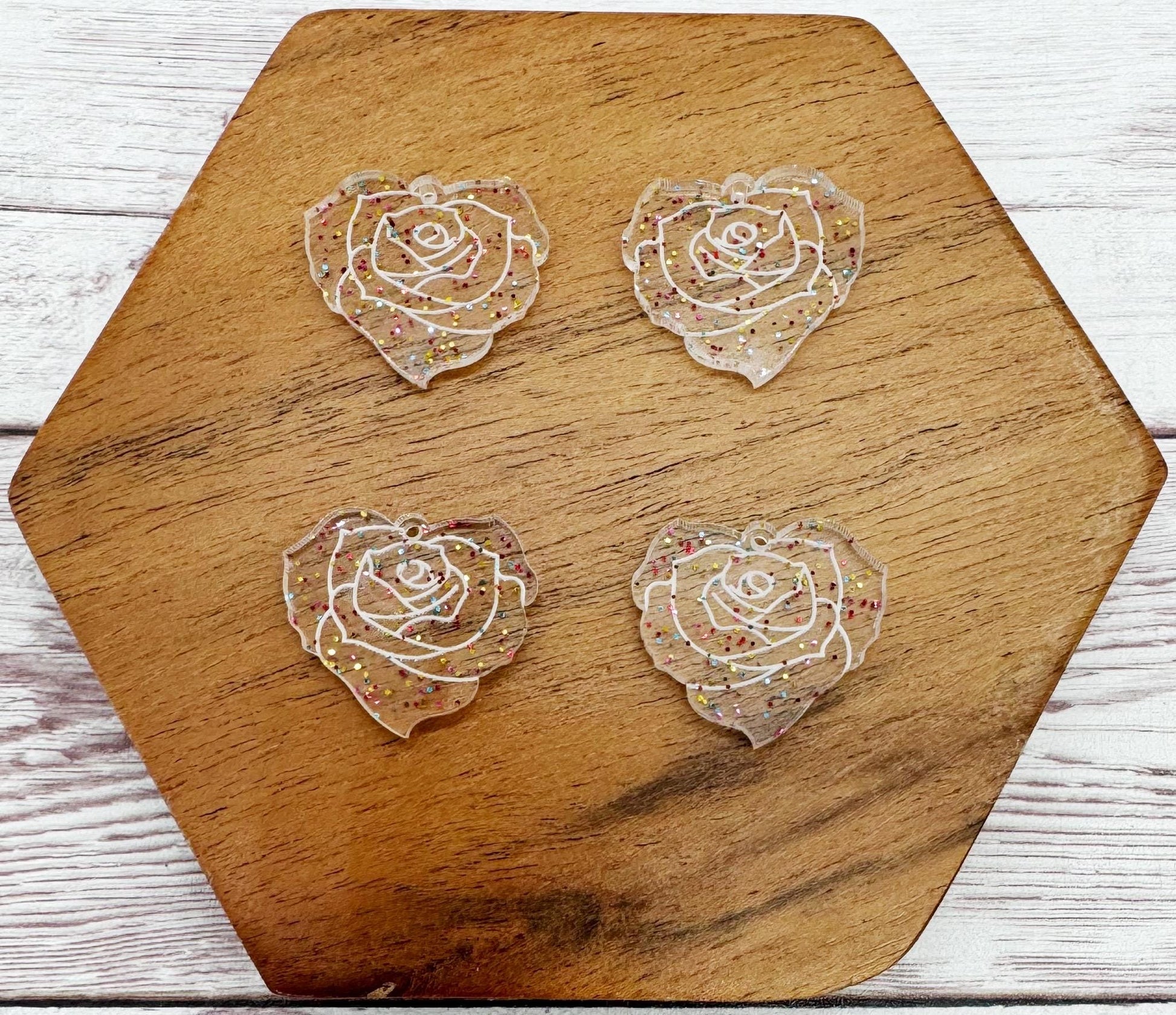 Set of 2 Pair Clear Glitter Engraved Rose Heart Acrylic Valentine Earring Blanks DIY Jewelry Making