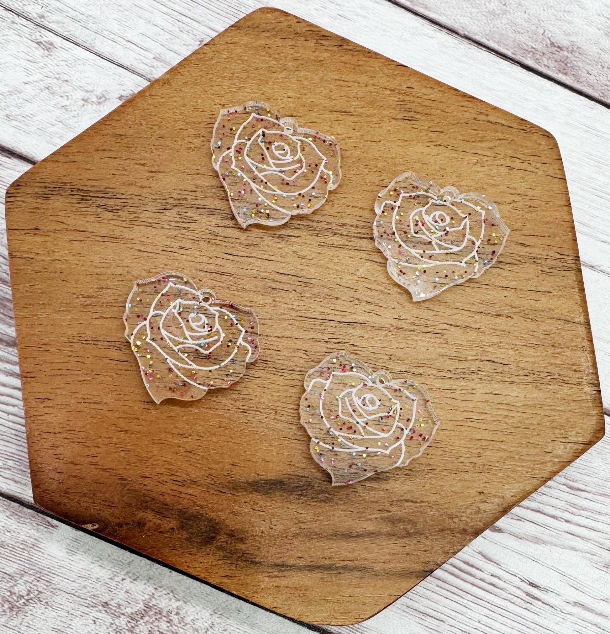 Set of 2 Pair Clear Glitter Engraved Rose Heart Acrylic Valentine Earring Blanks DIY Jewelry Making