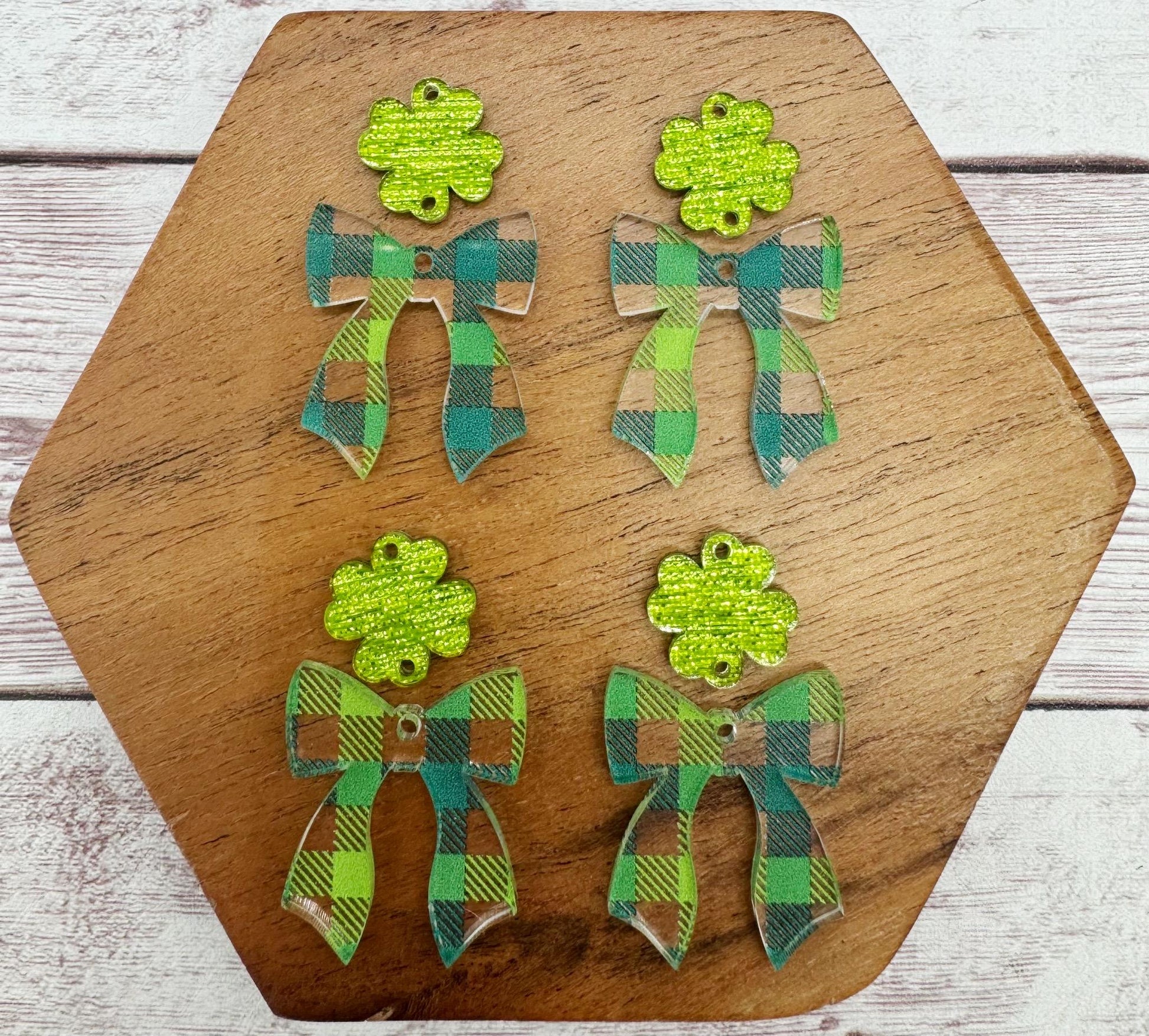 Green Plaid Bow and Glitter Shamrock Connector Set St. Patrick’s Day Acrylic Earring Blanks, DIY Jewelry Making