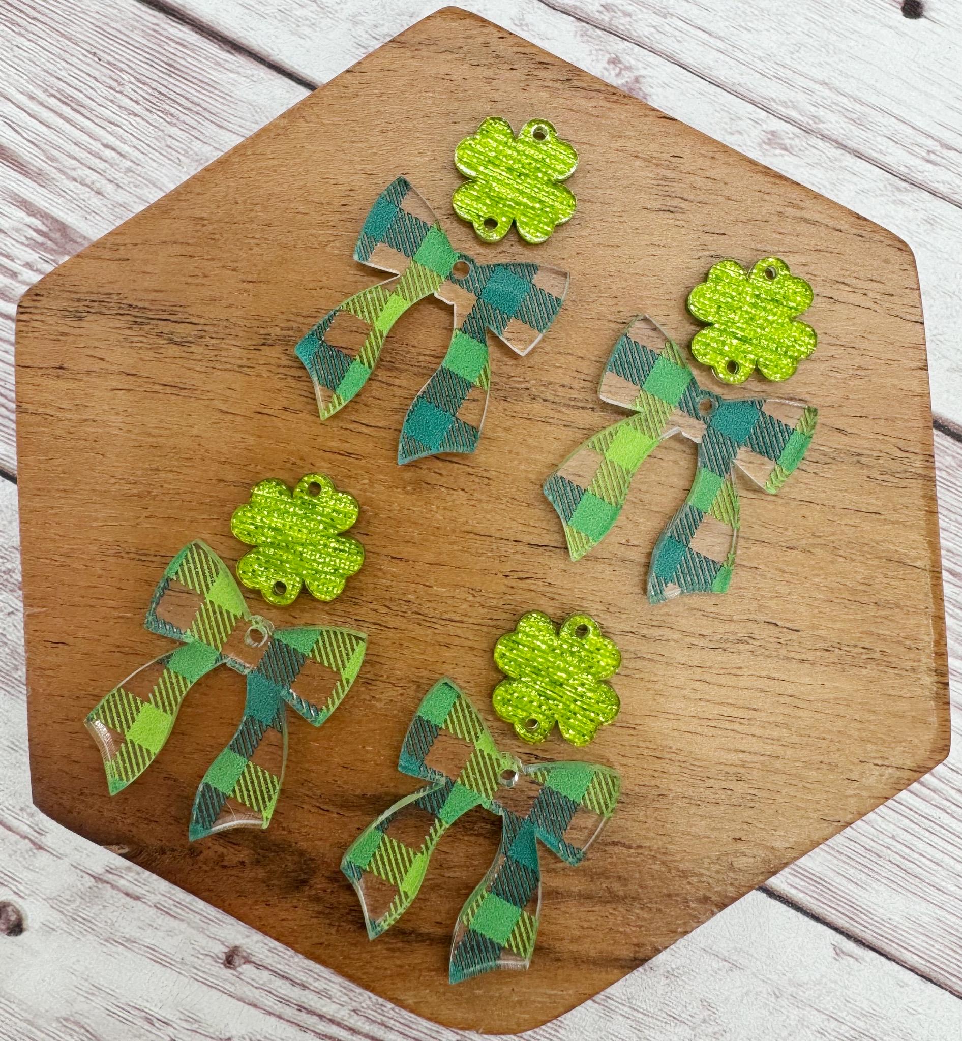 Green Plaid Bow and Glitter Shamrock Connector Set St. Patrick’s Day Acrylic Earring Blanks, DIY Jewelry Making