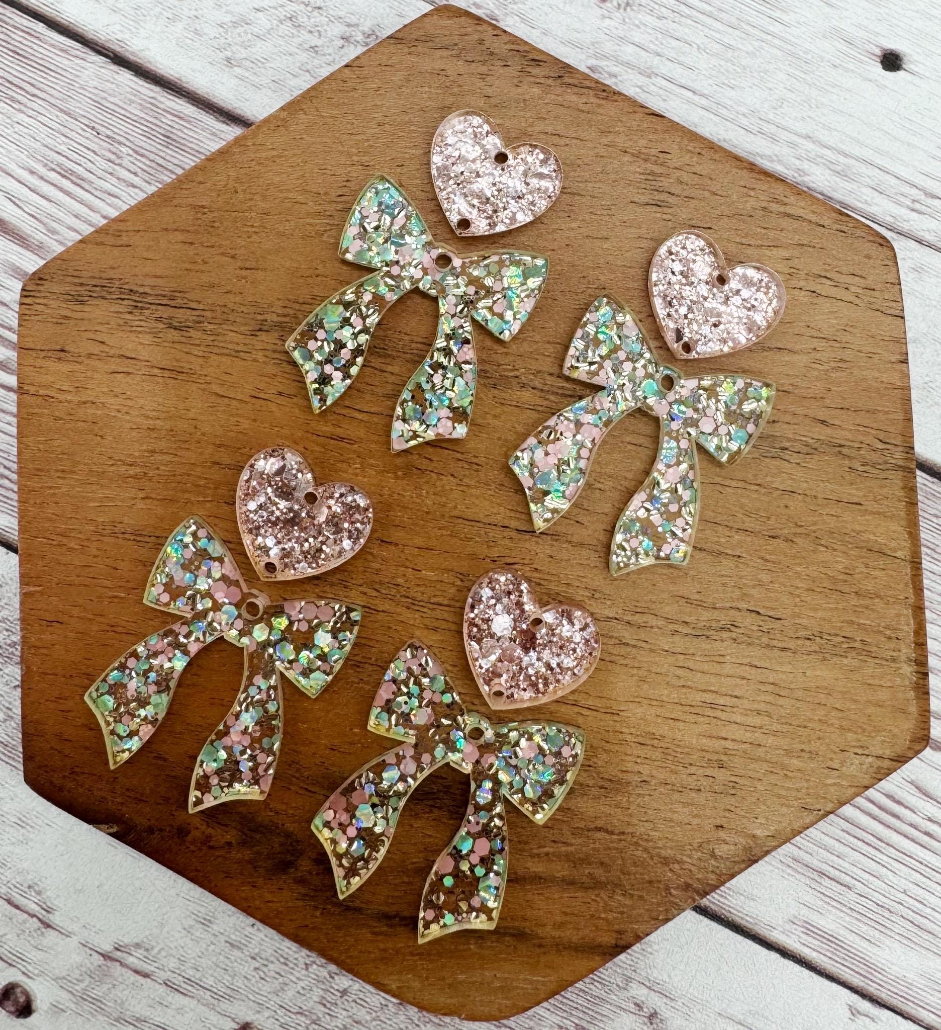 Mixed Pink Glitter Bow and Glitter Heart Connector Set Valentine Acrylic Earring Blanks, DIY Jewelry Making