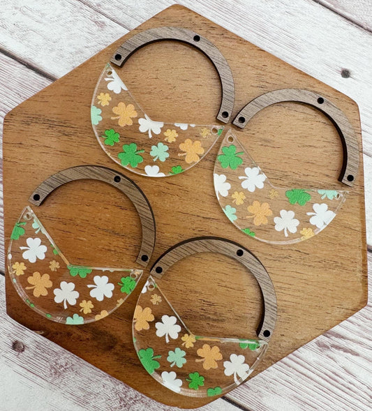 Shamrock Print Acrylic and Wood Arch Round Earring Blanks, St. Patrick’s Day, DIY Jewelry Making