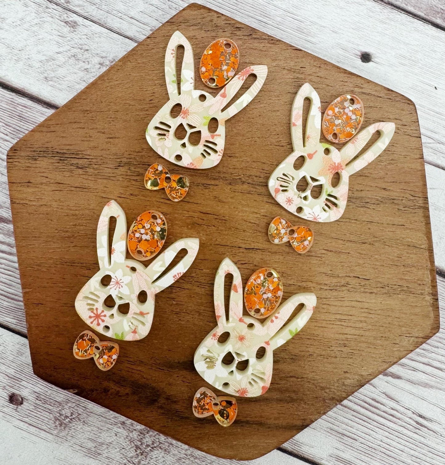 Orange Floral Print Bunny Rabbit, Egg, and Bow Tie Easter Spring Earring Blank Set, DIY Jewelry Making