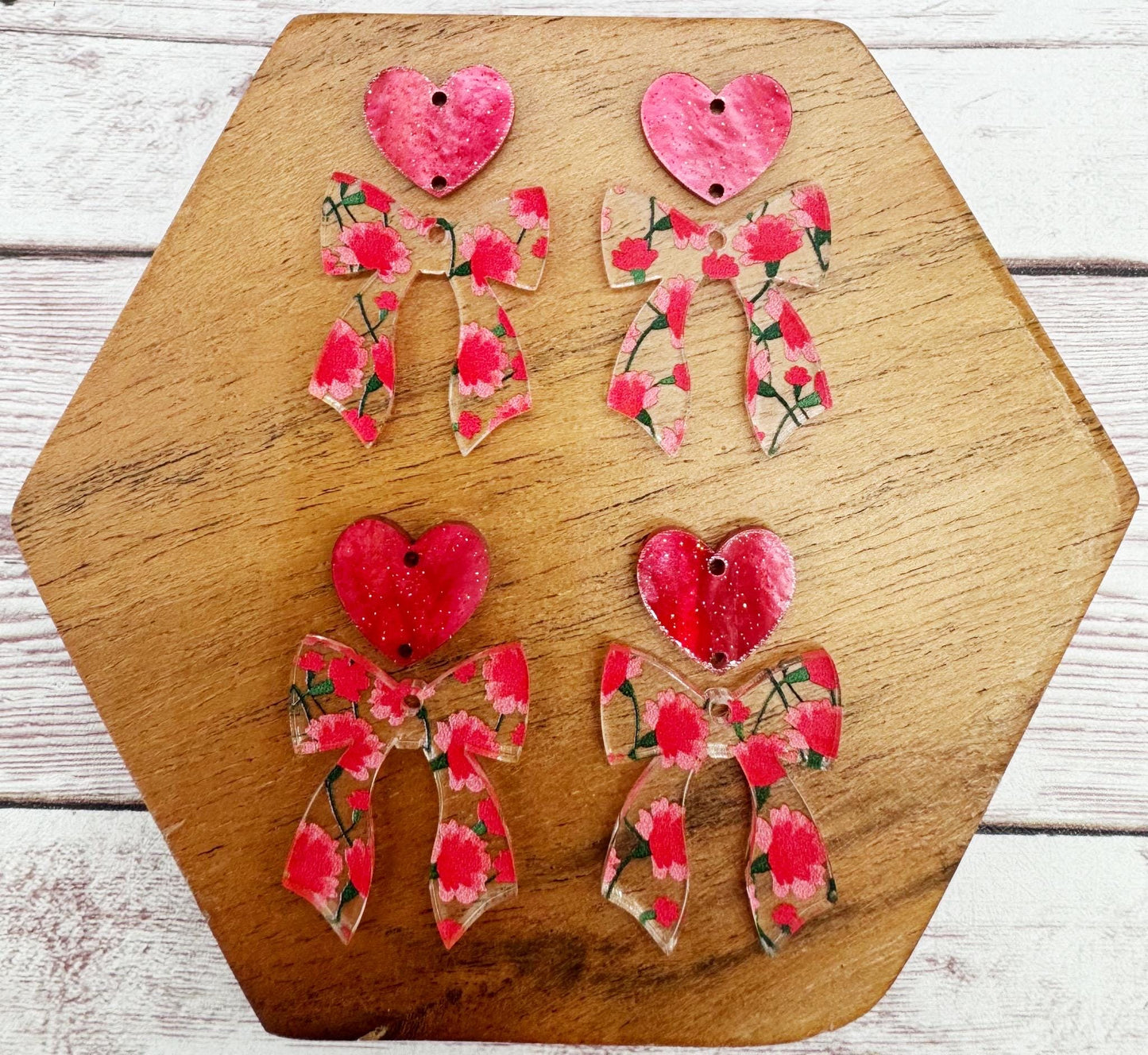 Pink Red Carnation Print Bow and Glitter Heart Connector Set Valentine Acrylic Earring Blanks, DIY Jewelry Making