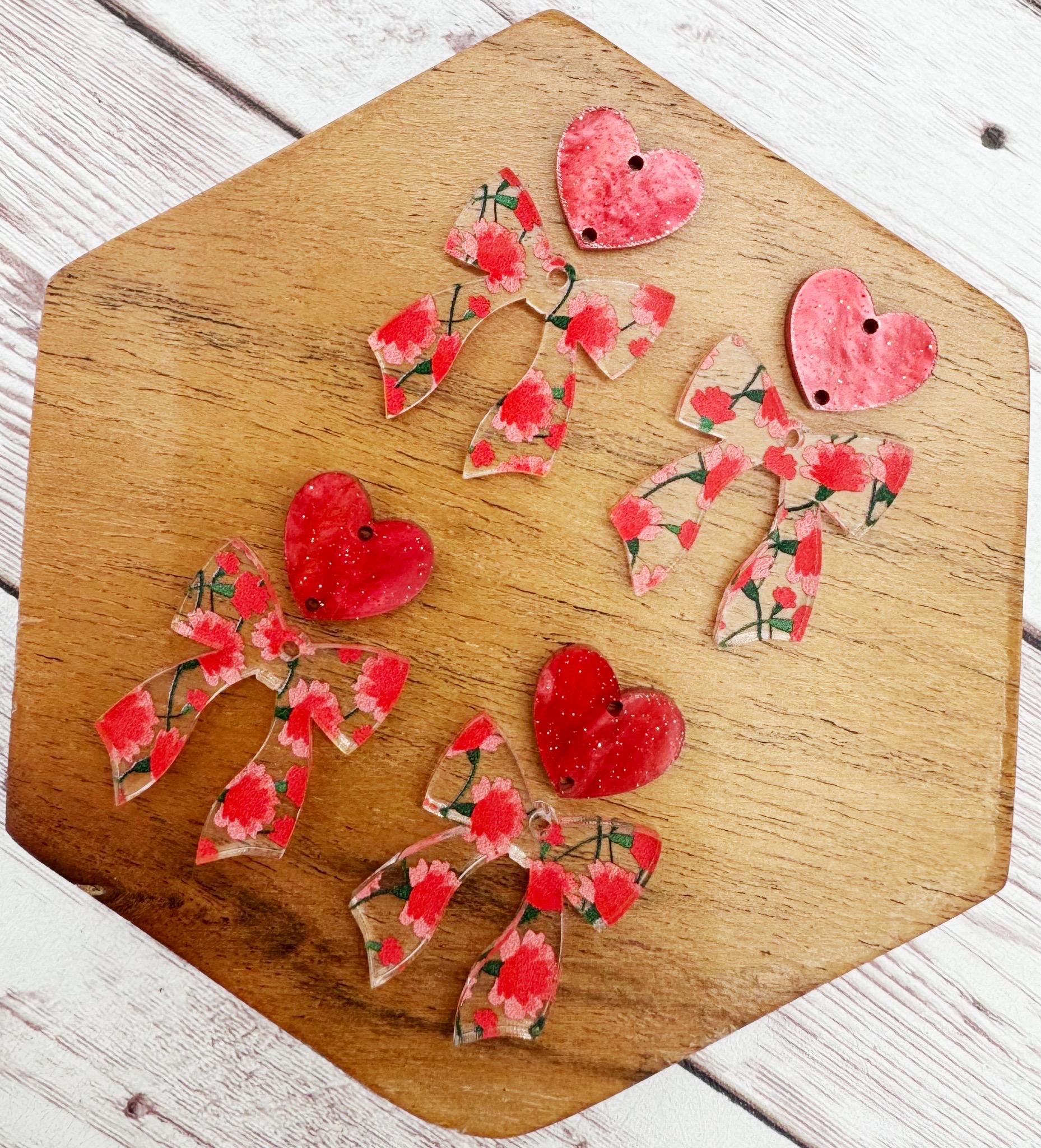 Pink Red Carnation Print Bow and Glitter Heart Connector Set Valentine Acrylic Earring Blanks, DIY Jewelry Making