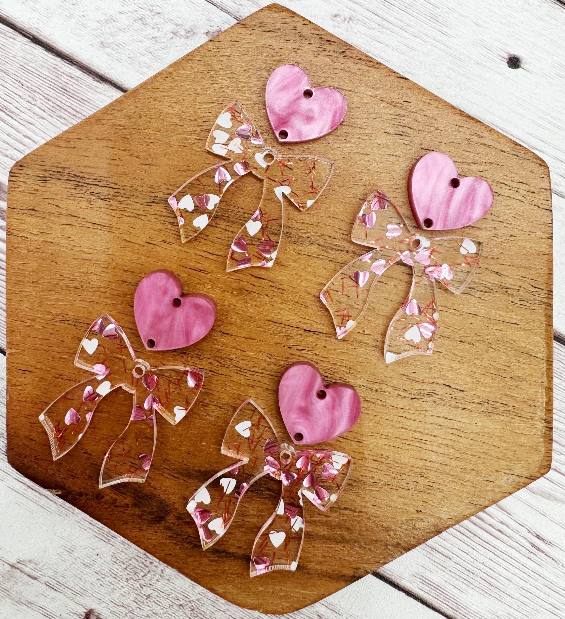 Pink and White Glitter Heart Bow and Heart Connector Set Valentine Acrylic Earring Blanks, DIY Jewelry Making