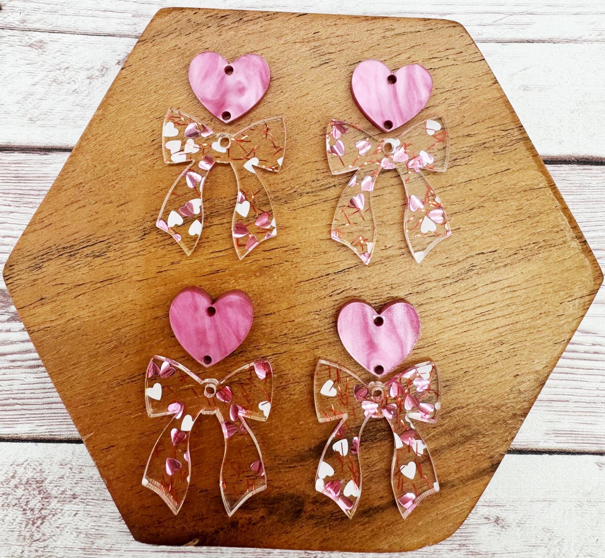 Pink and White Glitter Heart Bow and Heart Connector Set Valentine Acrylic Earring Blanks, DIY Jewelry Making