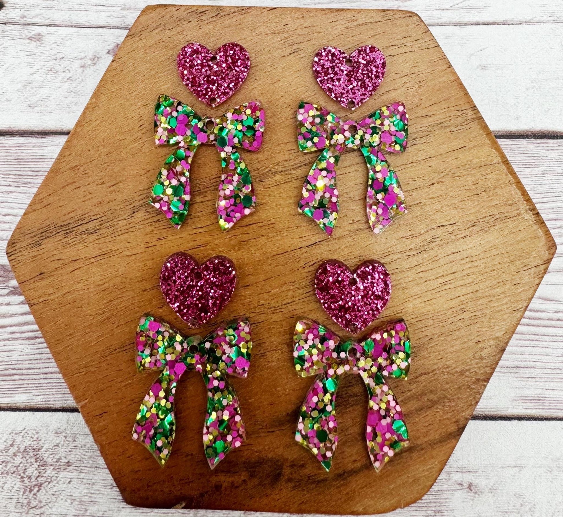 Pink Gold Green Glitter Bow and Glitter Heart Connector Set Valentine Acrylic Earring Blanks, DIY Jewelry Making