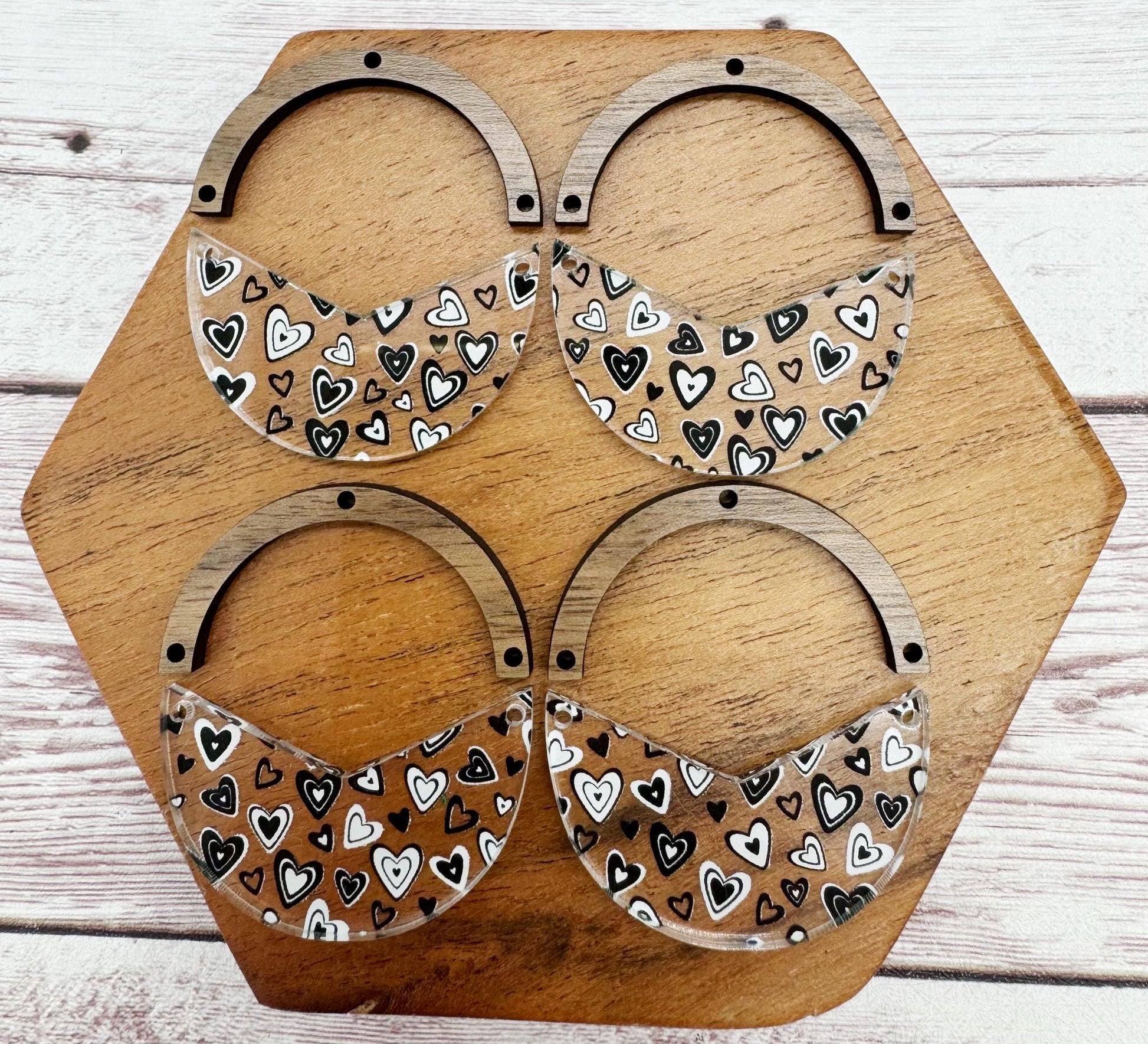 Black and White Heart Print Acrylic and Wood Arch Round Earring Blanks, Valentine’s Day, DIY Jewelry Making