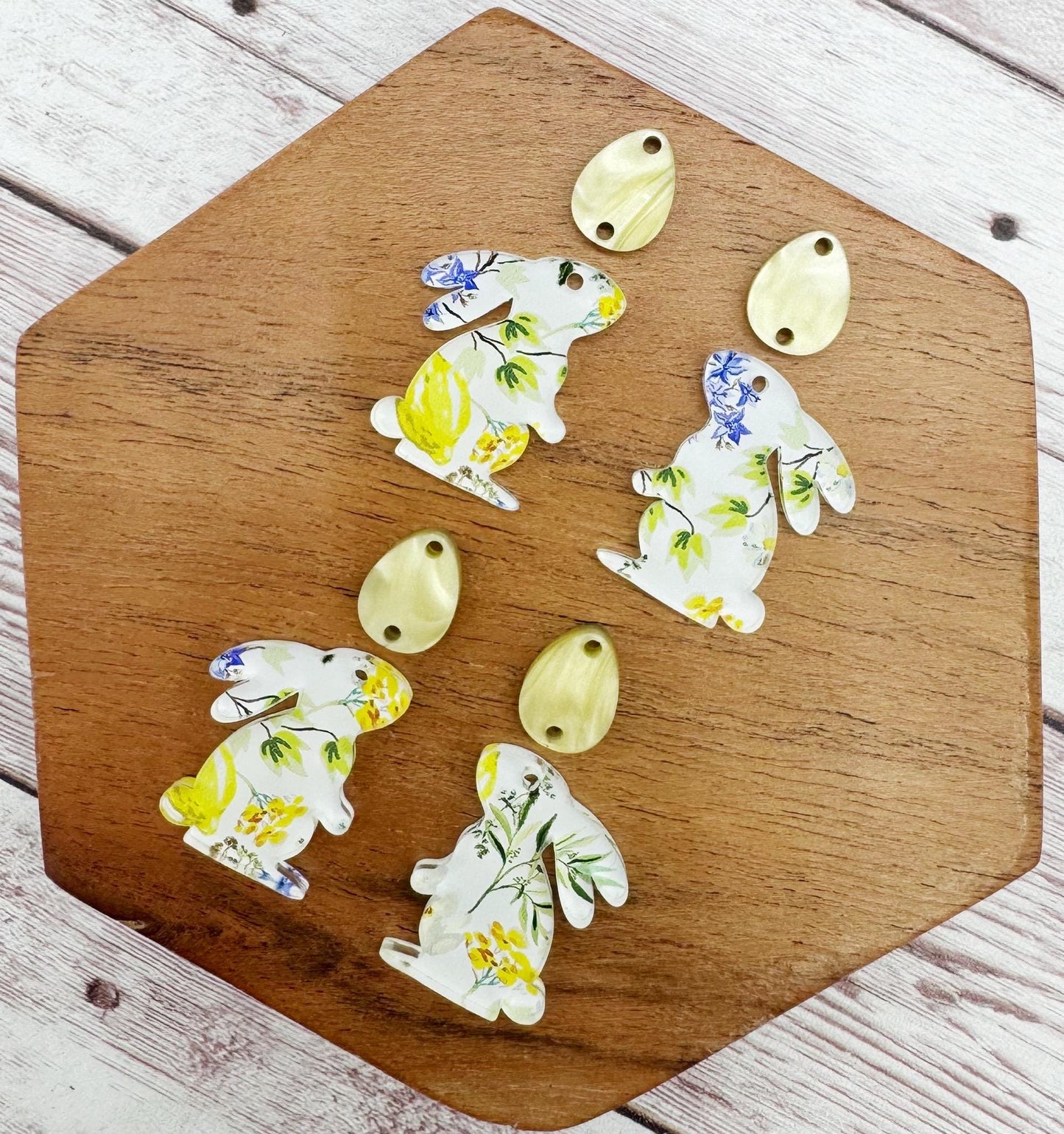 Yellow Lemon Floral Print Bunny Rabbit and Egg Set Easter Earring Blanks, DIY Jewelry Making