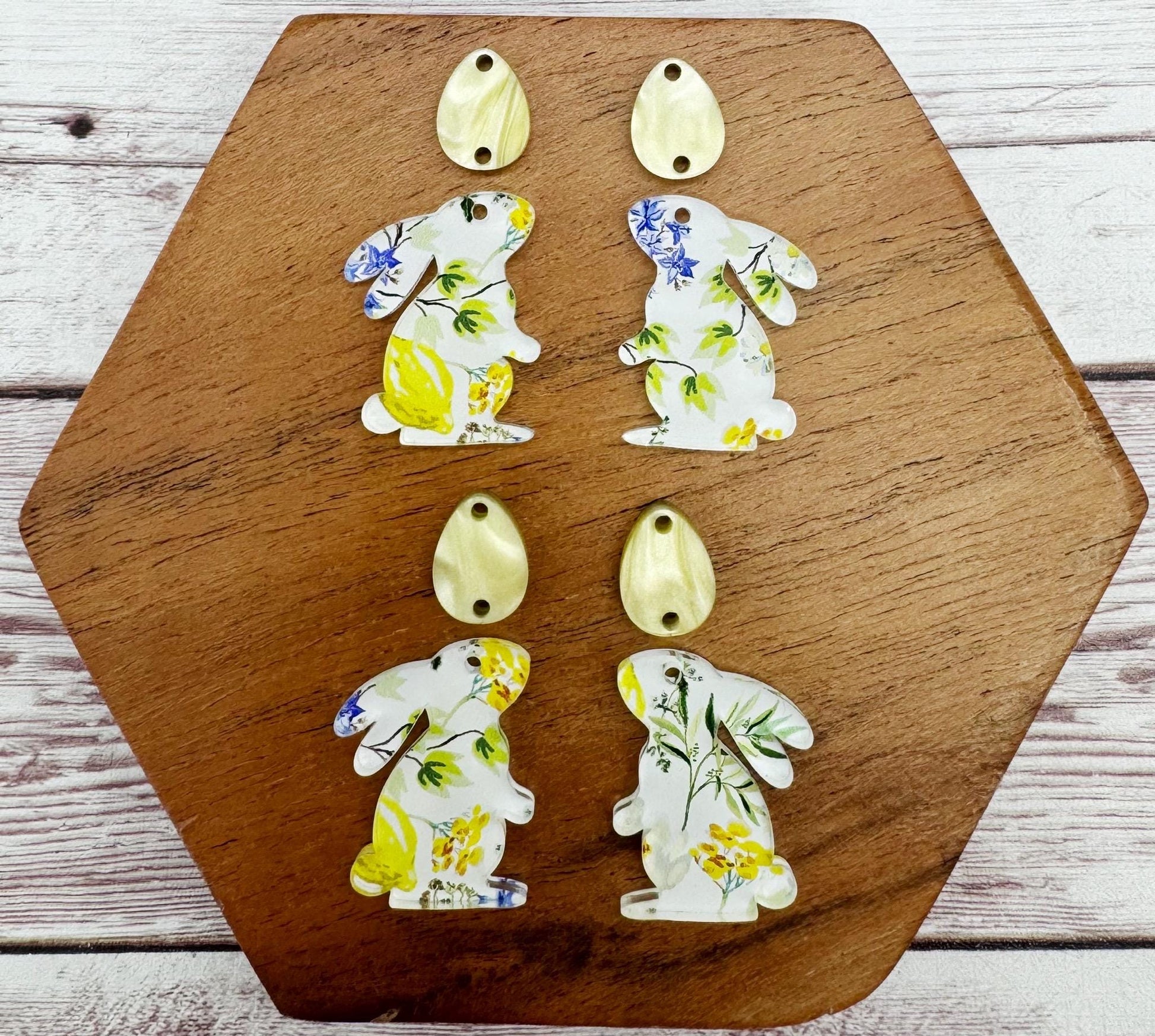 Yellow Lemon Floral Print Bunny Rabbit and Egg Set Easter Earring Blanks, DIY Jewelry Making