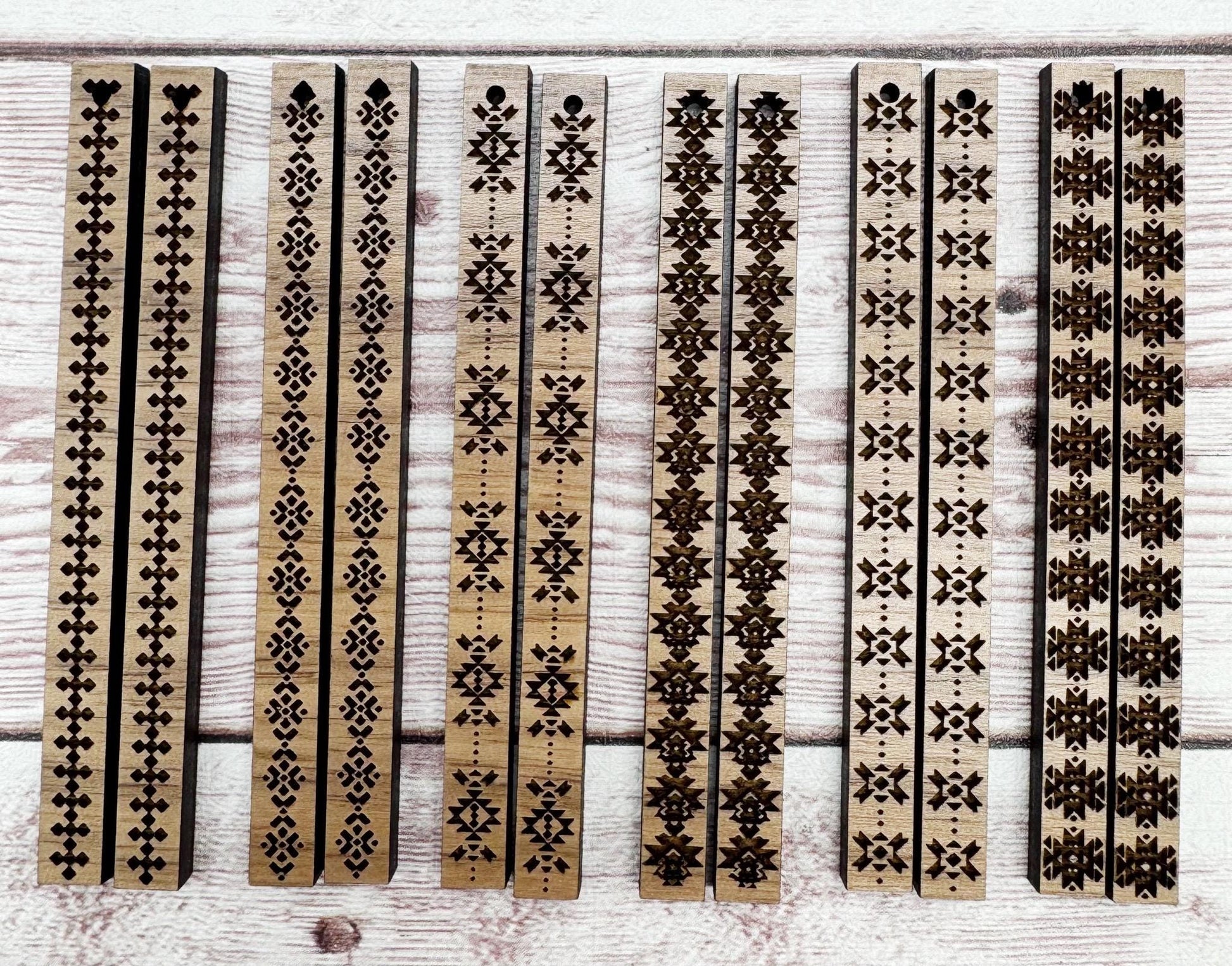 Set of 6 Pair, Engraved Skinny Bar Aztec Tribal Earring Blanks. Finished Walnut Blank, DIY Jewelry Making